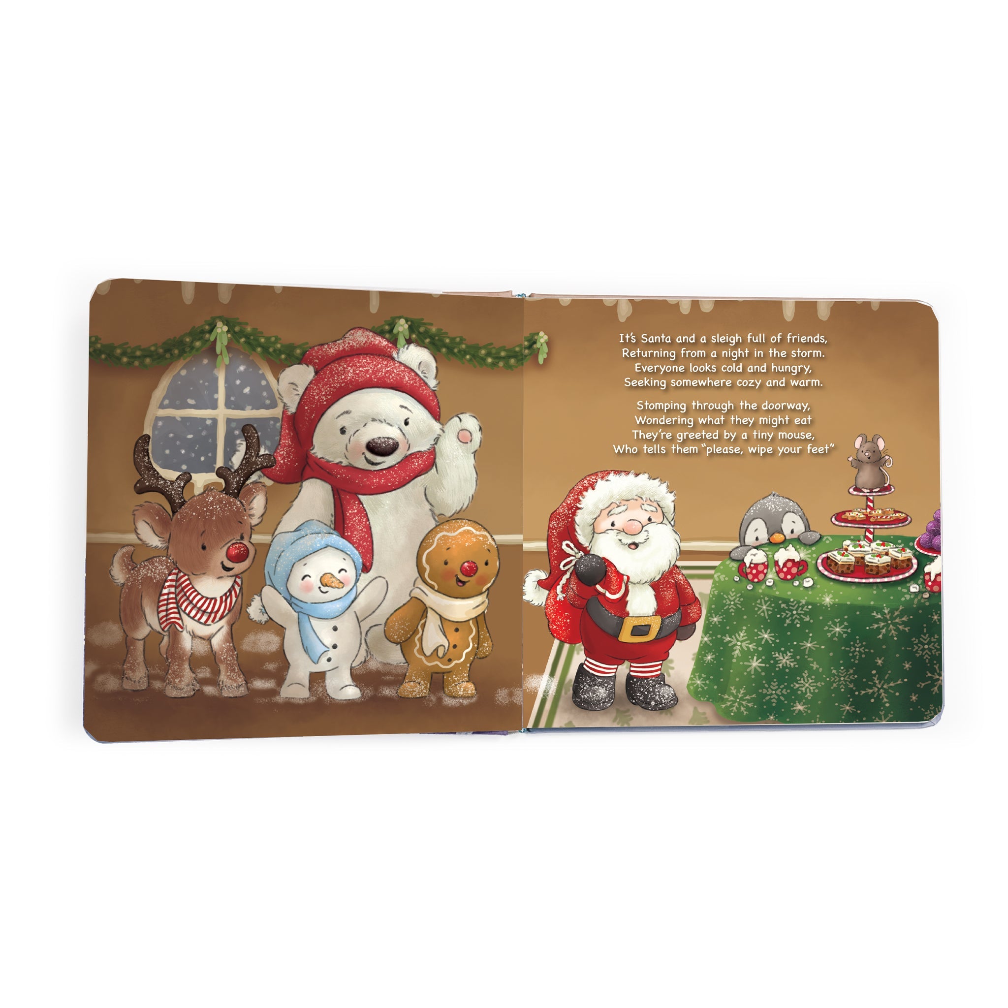 Illustrated Christmas scene with Santa Claus, reindeer, polar bear, snowman, and penguin on a brown background.