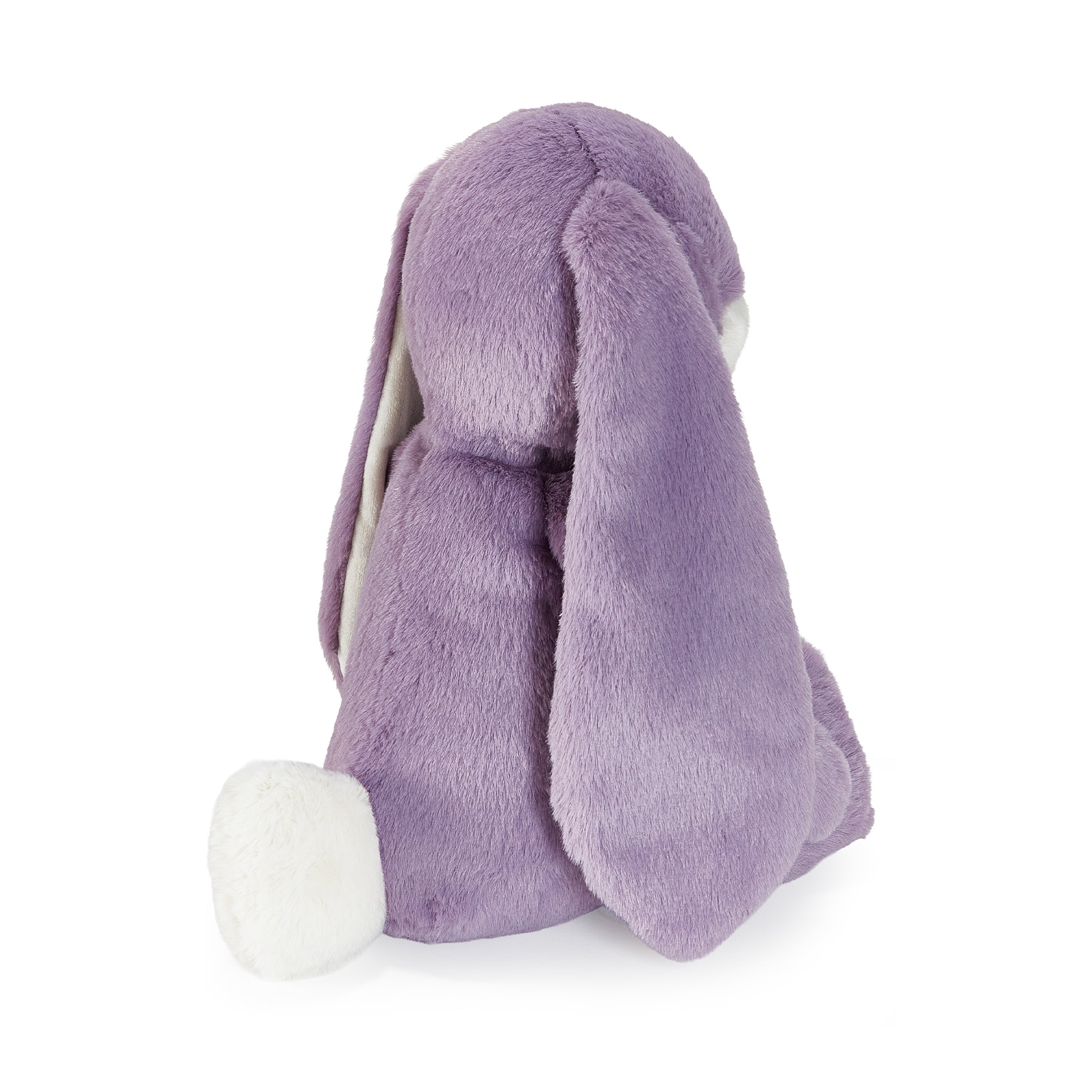 Purple stuffed animal bunny with long ears on white background