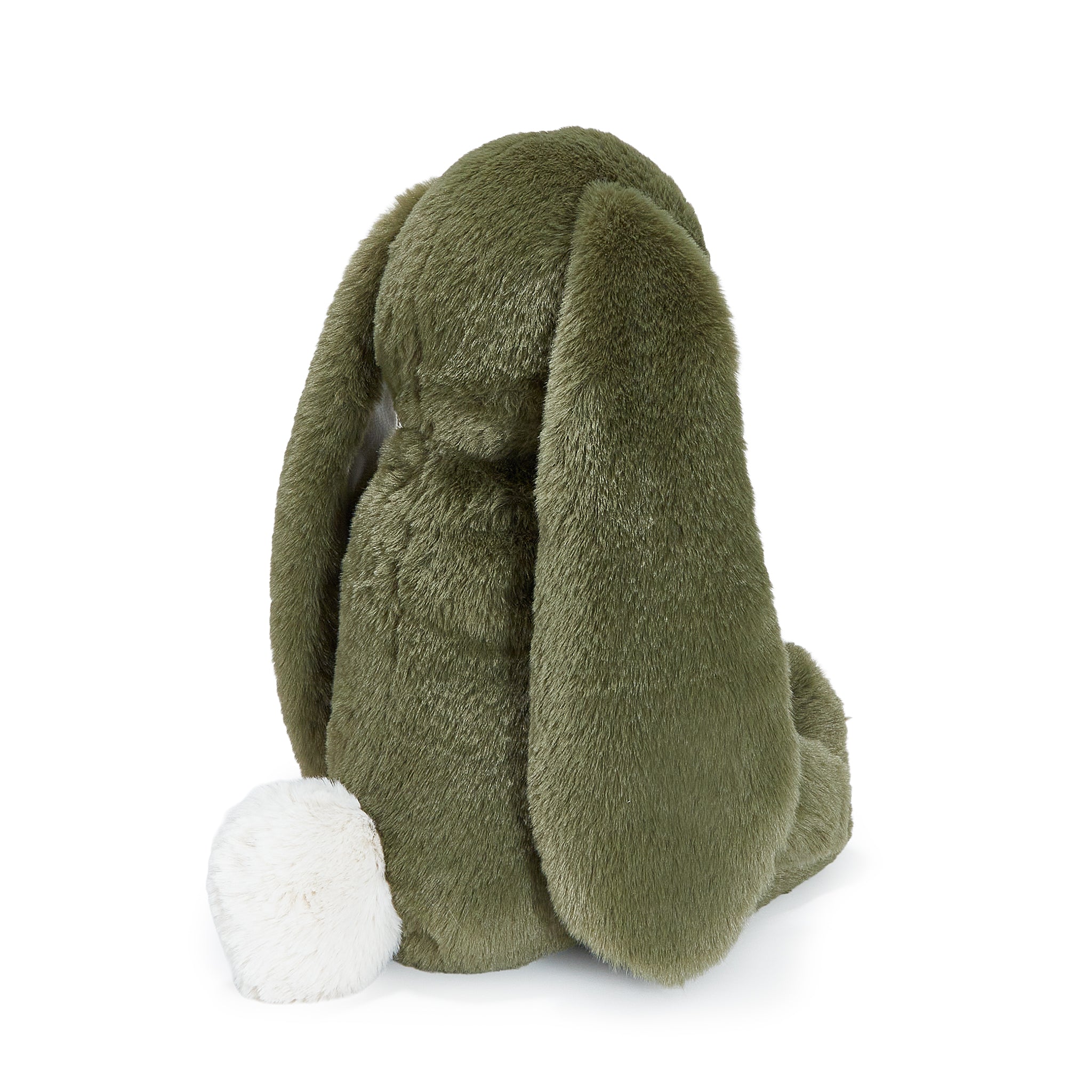 Green plush bunny toy on a white background
