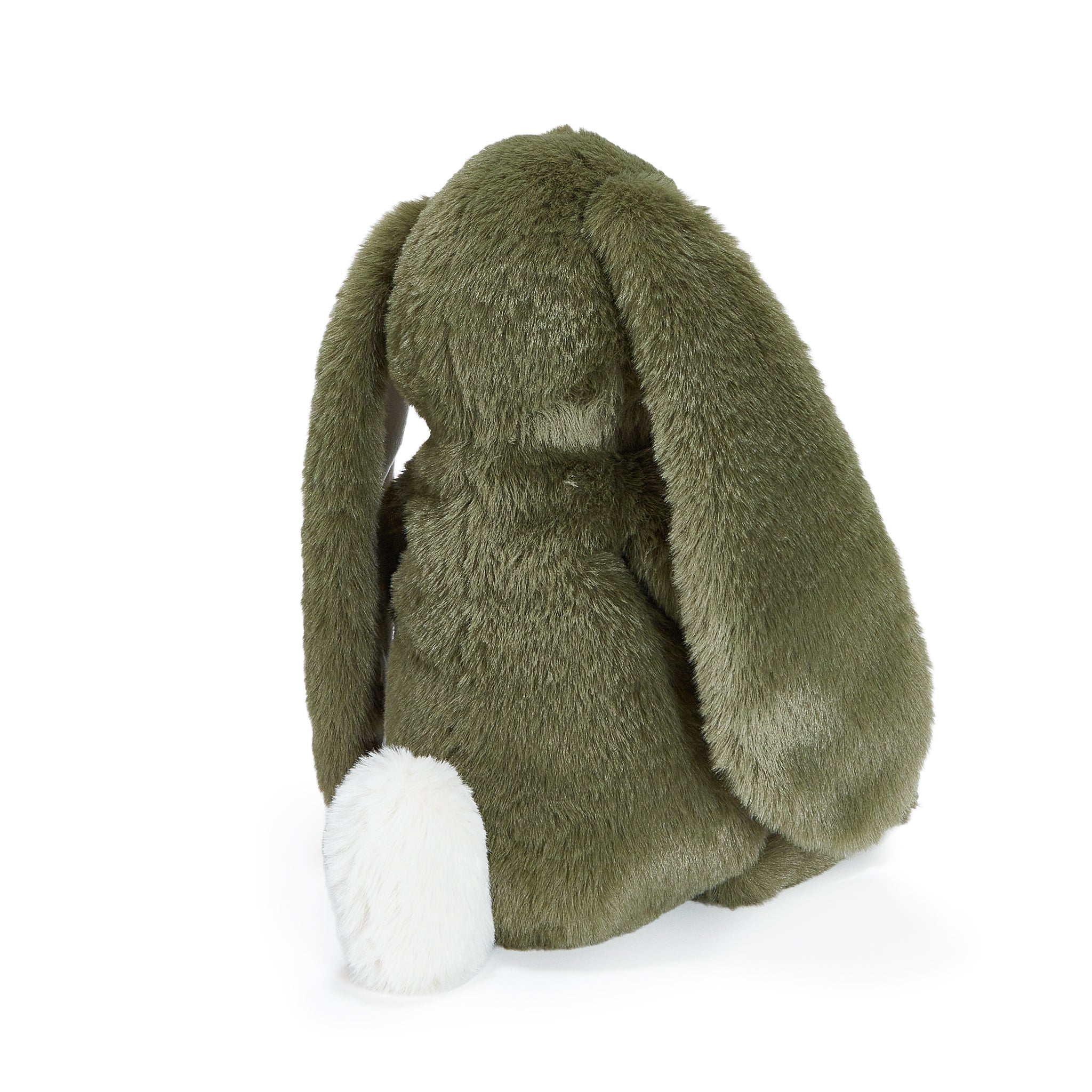 Green plush bunny toy on a white background