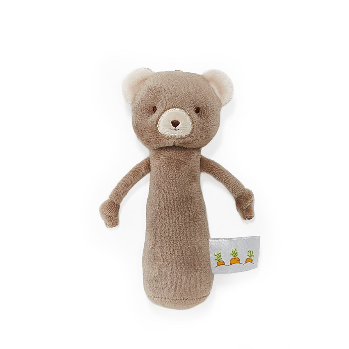 A plush teddy bear baby toy with a long body, small arms, and a fabric tag featuring three carrots, shown on a plain white background.