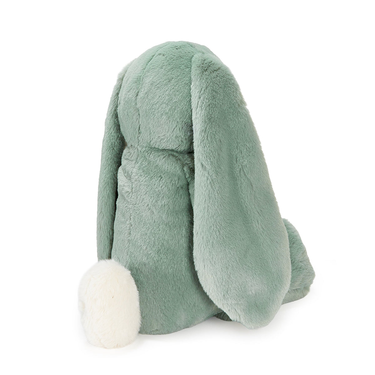 A mint green plush bunny backpack with long floppy ears and a white fluffy tail, shown from the back on a white background.