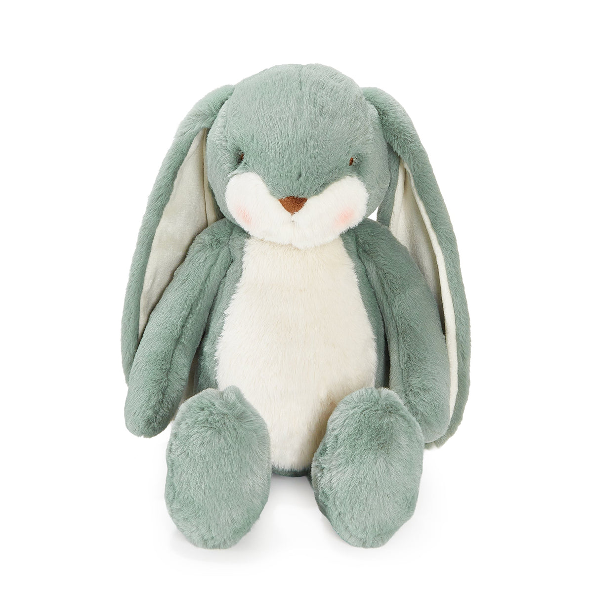 A plush bunny toy in a dusty sage green color with a cream-colored belly, inner ears, and muzzle, sitting against a solid white background.