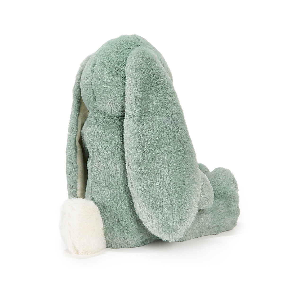 A mint green plush bunny toy shown from the back, featuring long floppy ears, a soft textured body, and a fluffy cream-colored tail, set against a plain white background.
