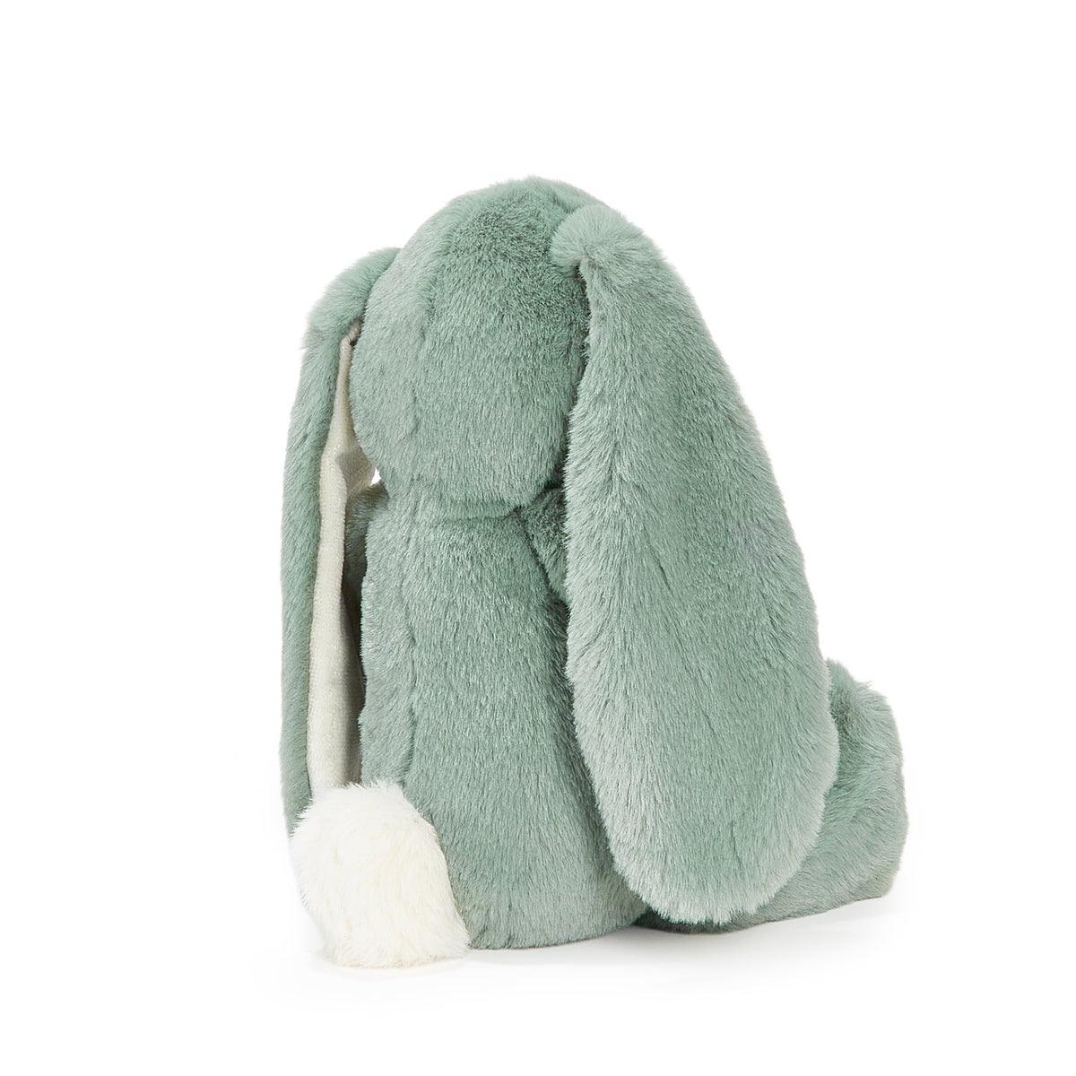 A mint green plush bunny backpack with long floppy ears, a white faux-fur tail, and a white inner lining, shown from the back on a white background.