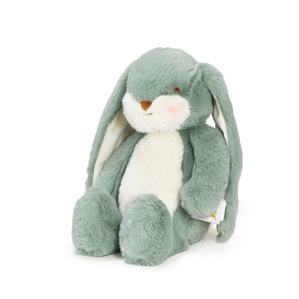 A plush stuffed bunny in a dusty sage green color with a white chest and inner ears, sitting against a plain white background.