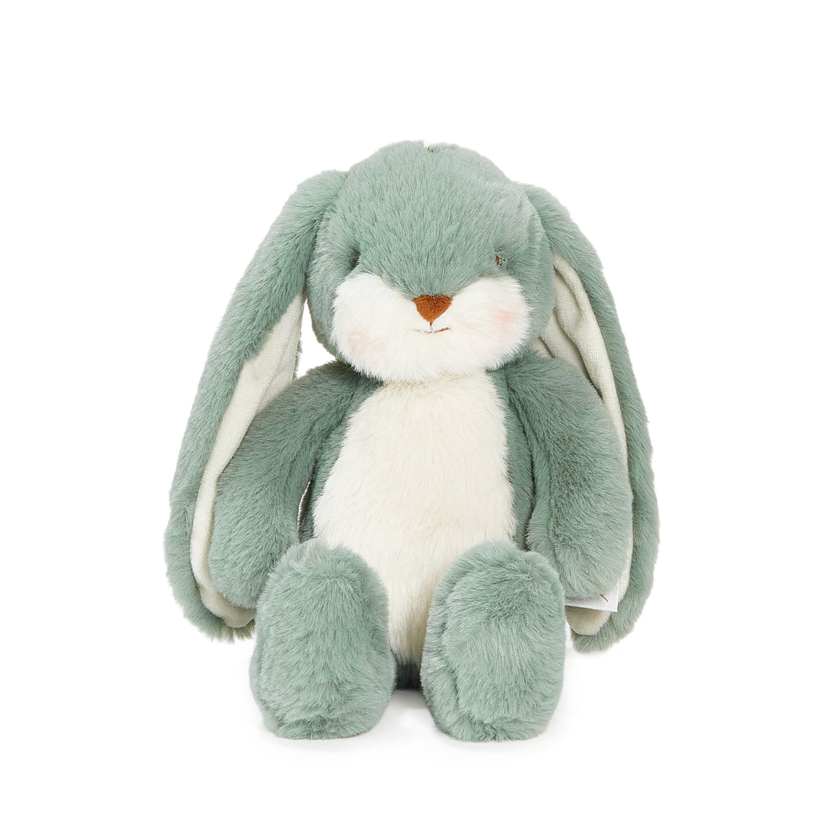 A plush stuffed bunny in a soft sage green and white colorway, featuring long floppy ears, a small orange embroidered nose, and a gentle expression, photographed against a seamless white background.