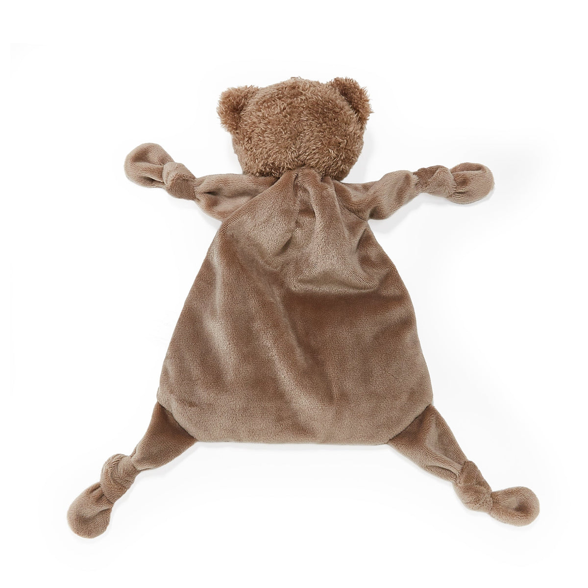 A brown plush teddy bear comforter or lovey with knotted arms and legs, photographed from the back on a clean white background.
