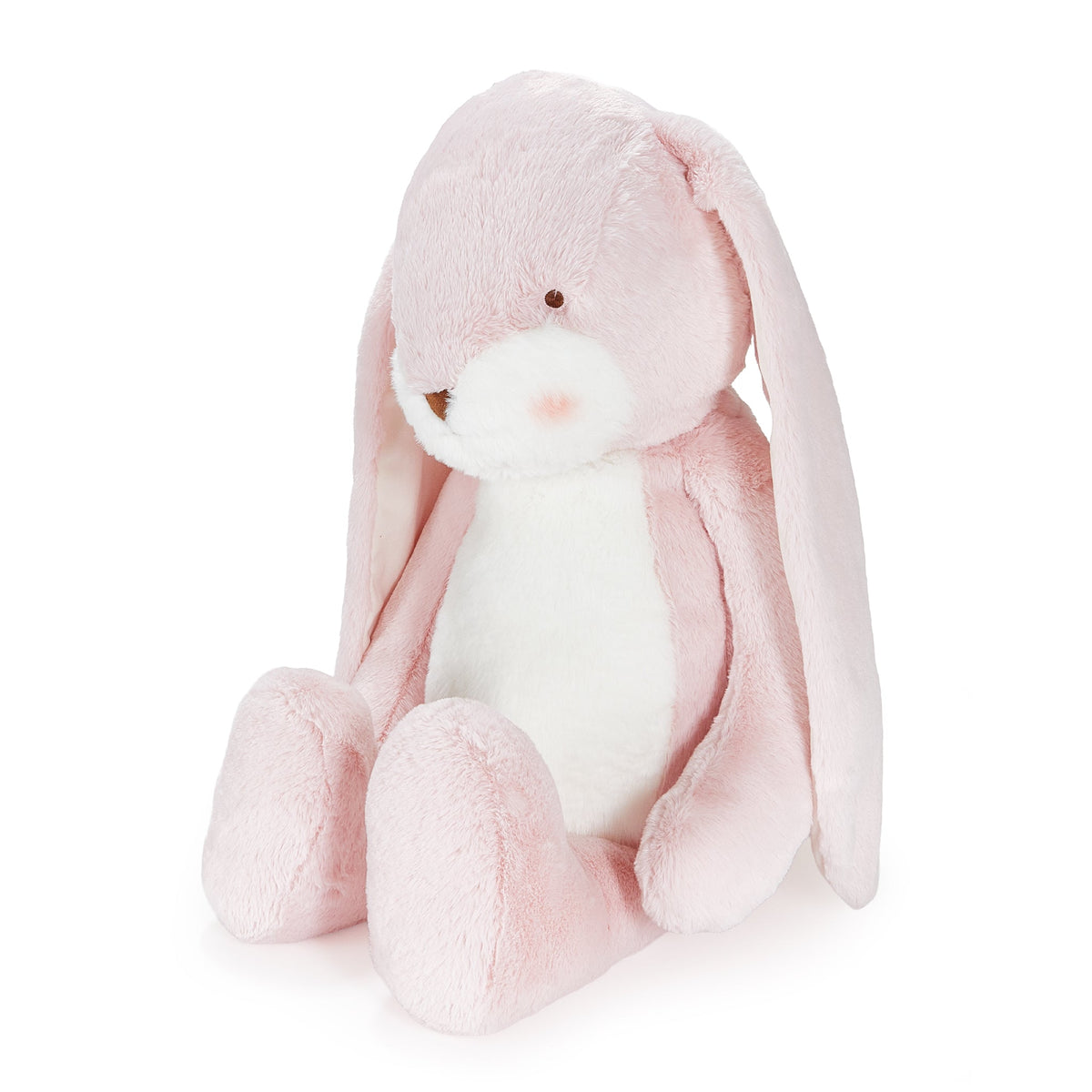 A soft plush bunny toy in light pink and white, sitting upright against a clean white background.