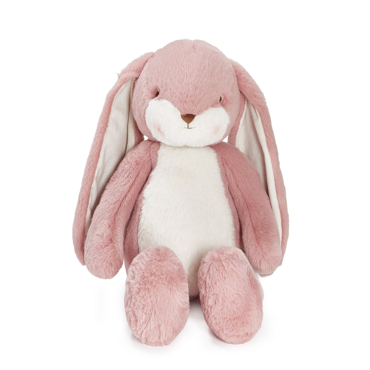 A pink and white plush bunny toy with long floppy ears, sitting against a plain white background.