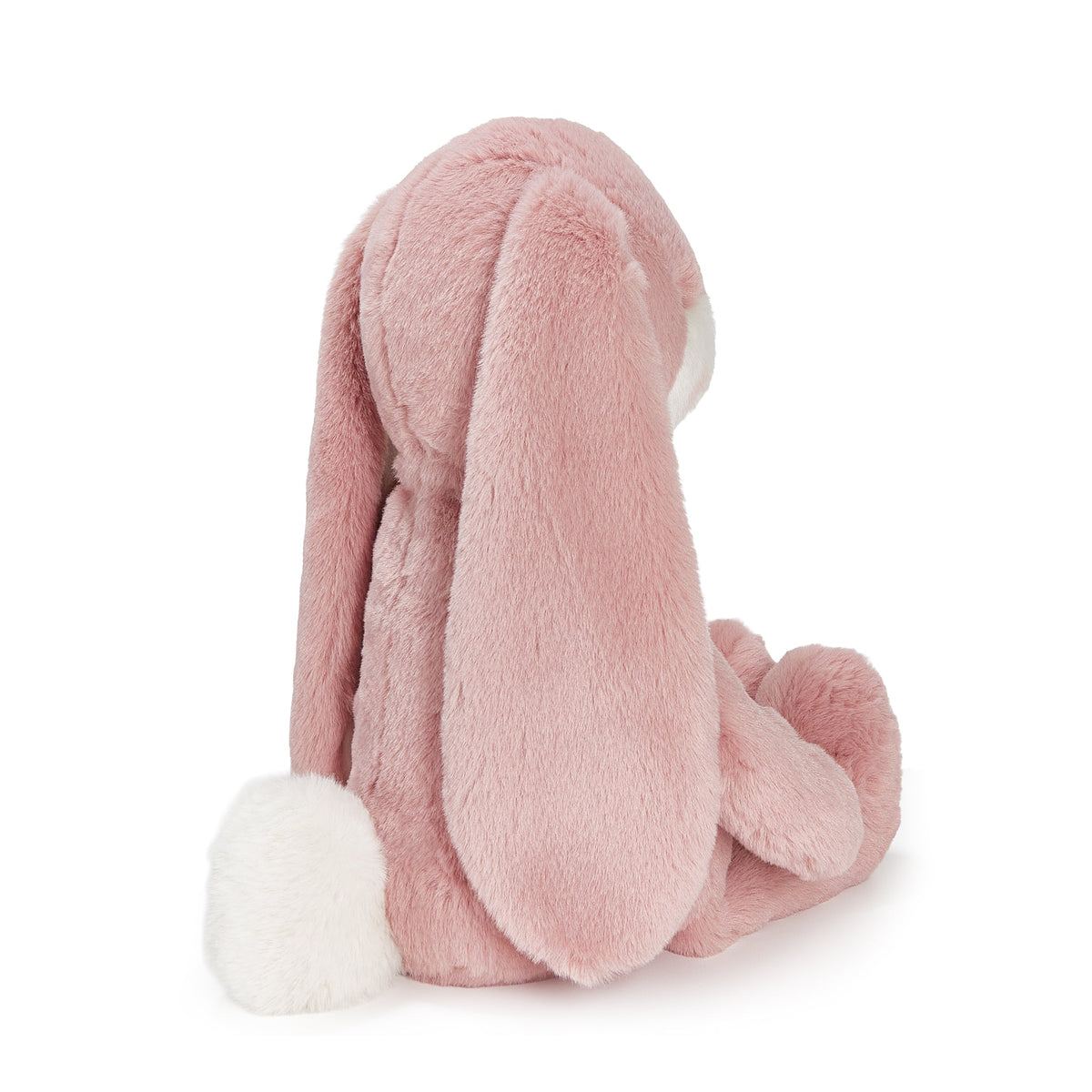 A pink plush bunny toy shown from the back, featuring long floppy ears, a white tail, and a white inner ear lining, photographed on a clean white background.