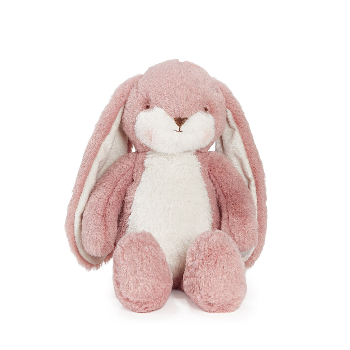 A pink and white plush bunny toy with long floppy ears, photographed against a clean white background.