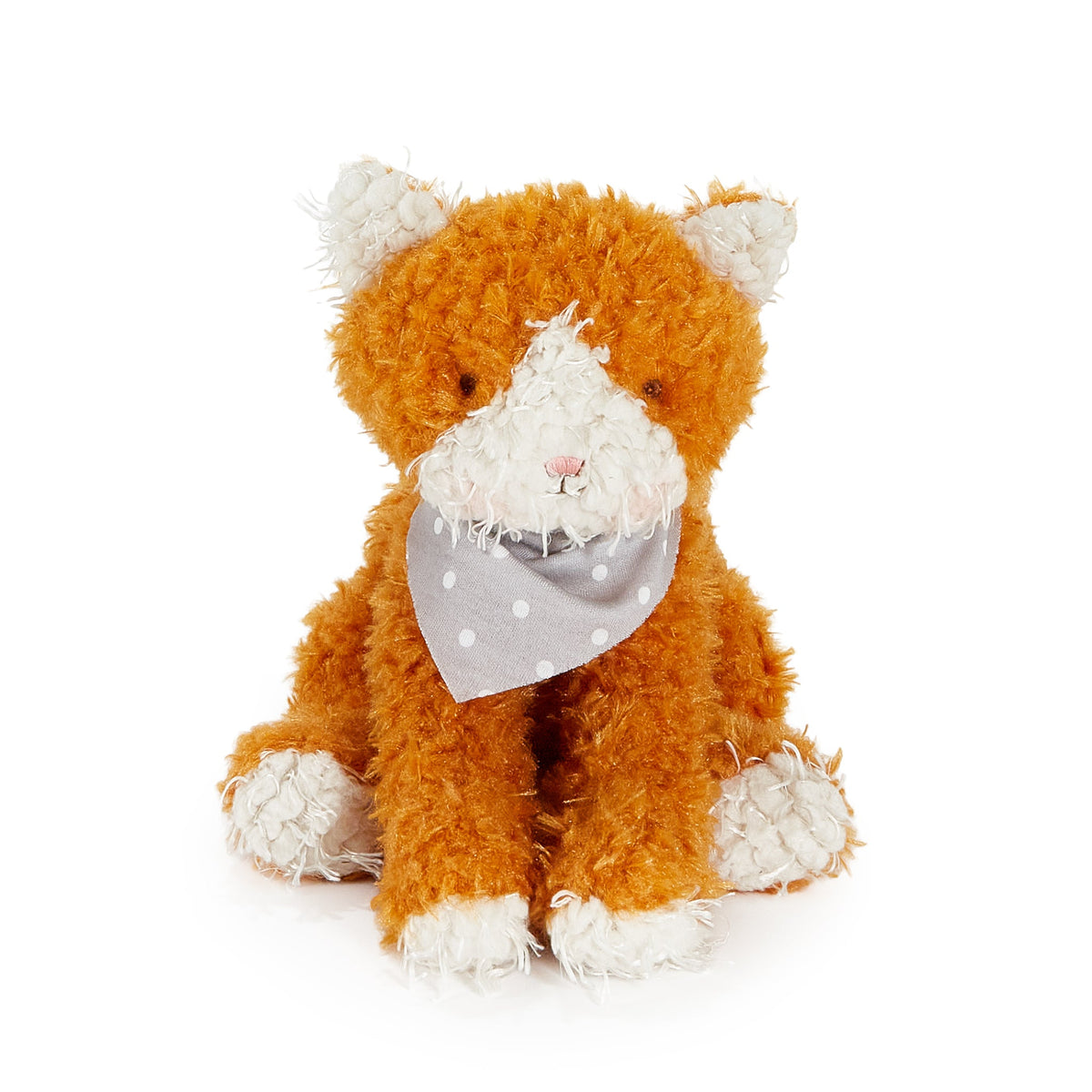 A plush stuffed cat toy in orange and white faux fur, wearing a gray polka-dot bandana, photographed on a clean white background.