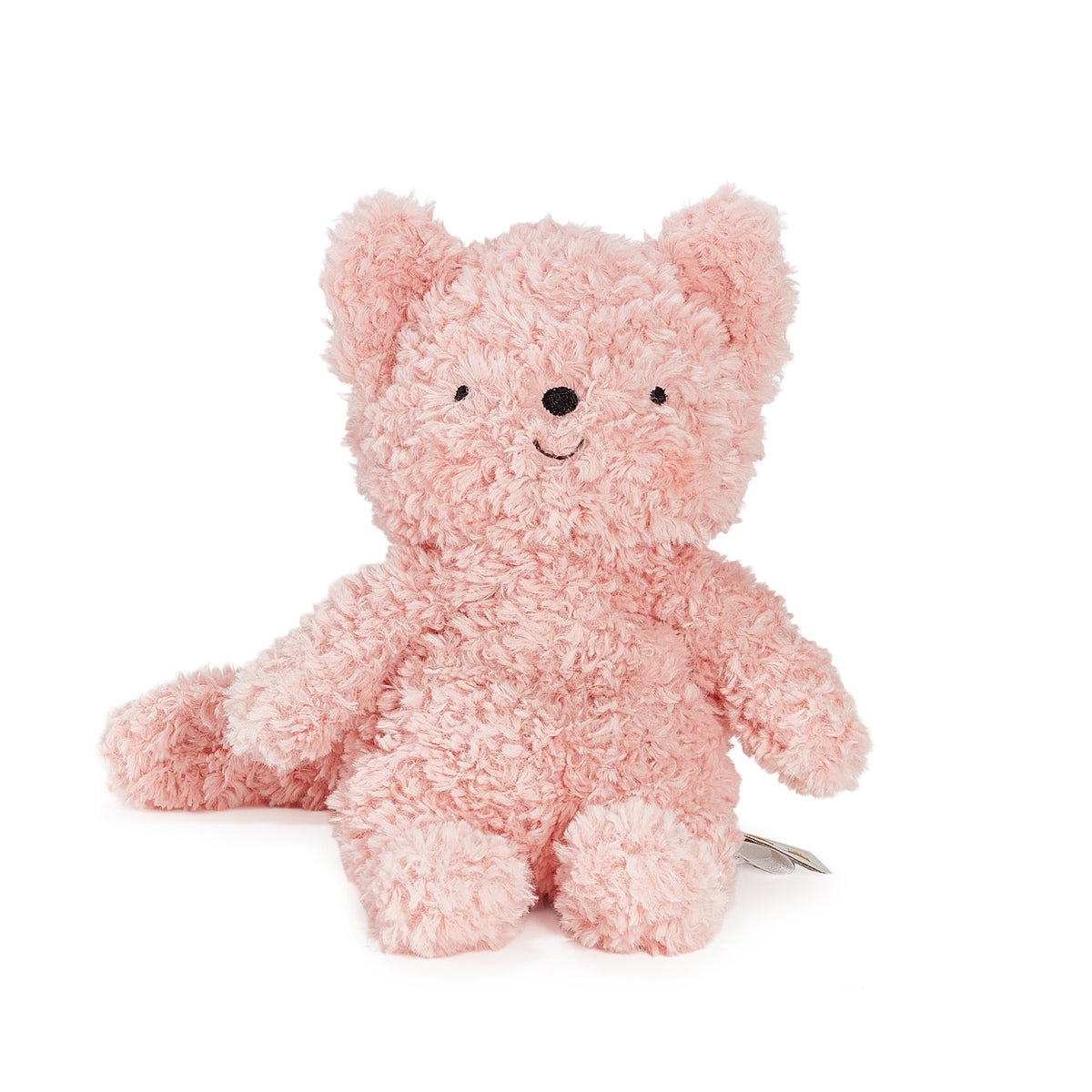 A pink curly plush cat sitting on a clean white background.