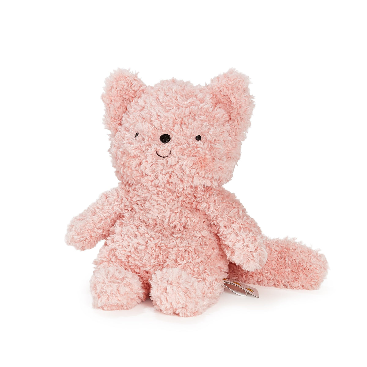 A pink curly plush cat with a black embroidered nose and mouth, sitting on a clean white background.