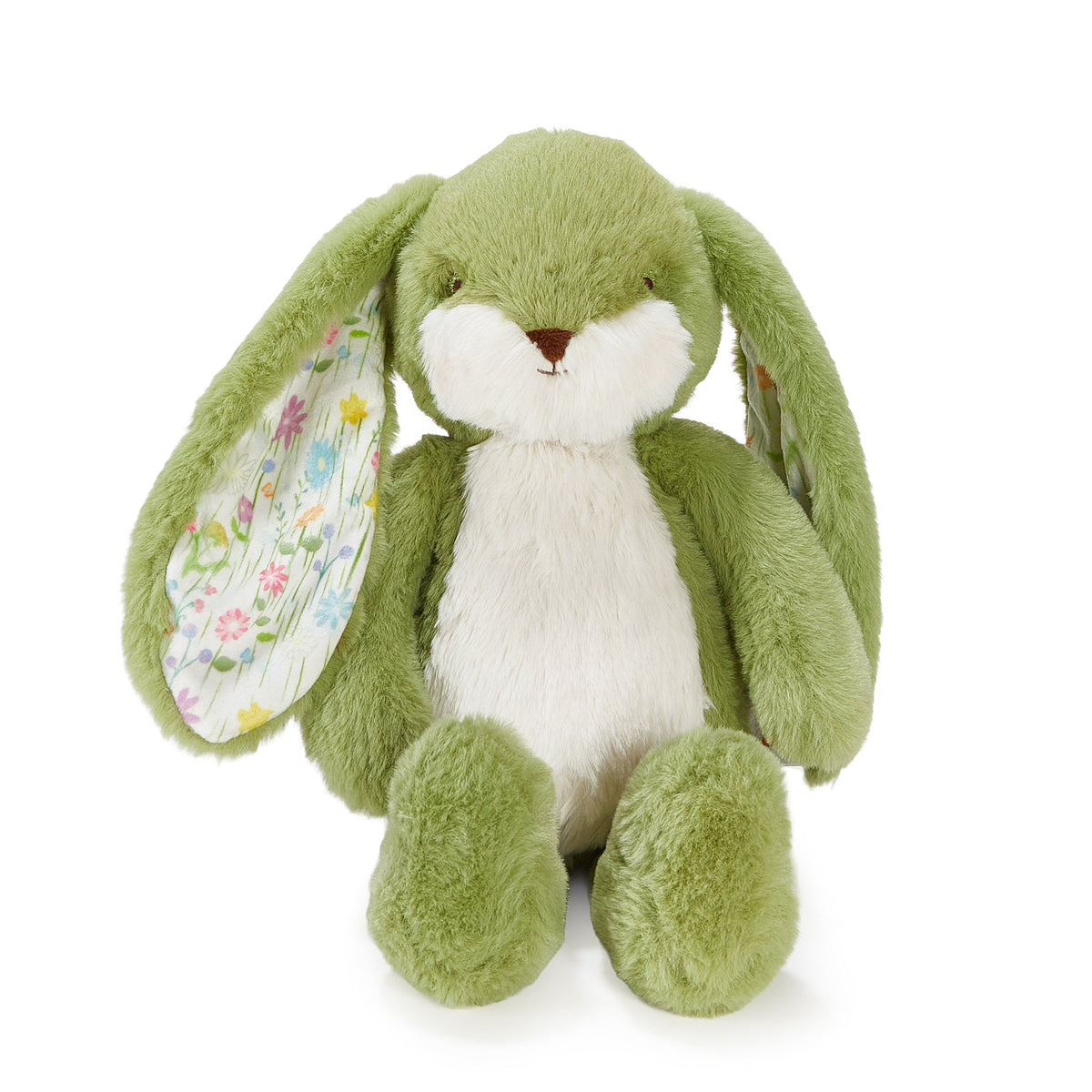 A plush bunny toy in light green and white, featuring long floppy ears with a colorful floral lining, photographed on a clean white background.