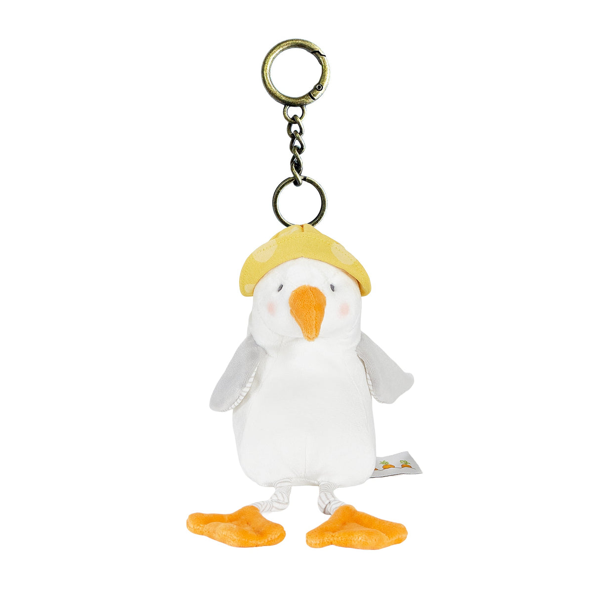 A plush seagull keychain featuring a white body, a yellow beanie, and orange webbed feet and beak, attached to a gold-tone metal key ring and chain, shown on a plain white background.