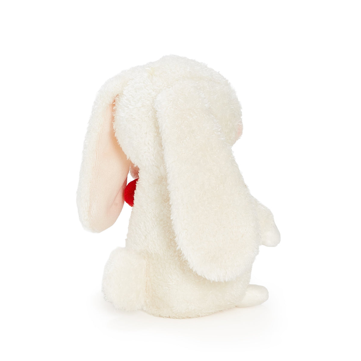 A plush bunny toy shown from the back, featuring long floppy ears, a soft cream-white fur texture, and a small red heart under its arm, set against a plain white background.