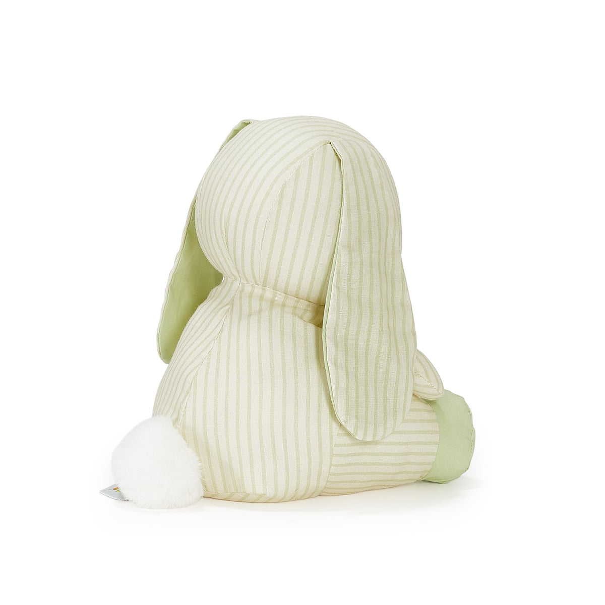 A plush bunny toy shown from the back, featuring pale green and cream vertical stripes, light green inner ears and feet, and a fluffy white tail, set against a plain white background.
