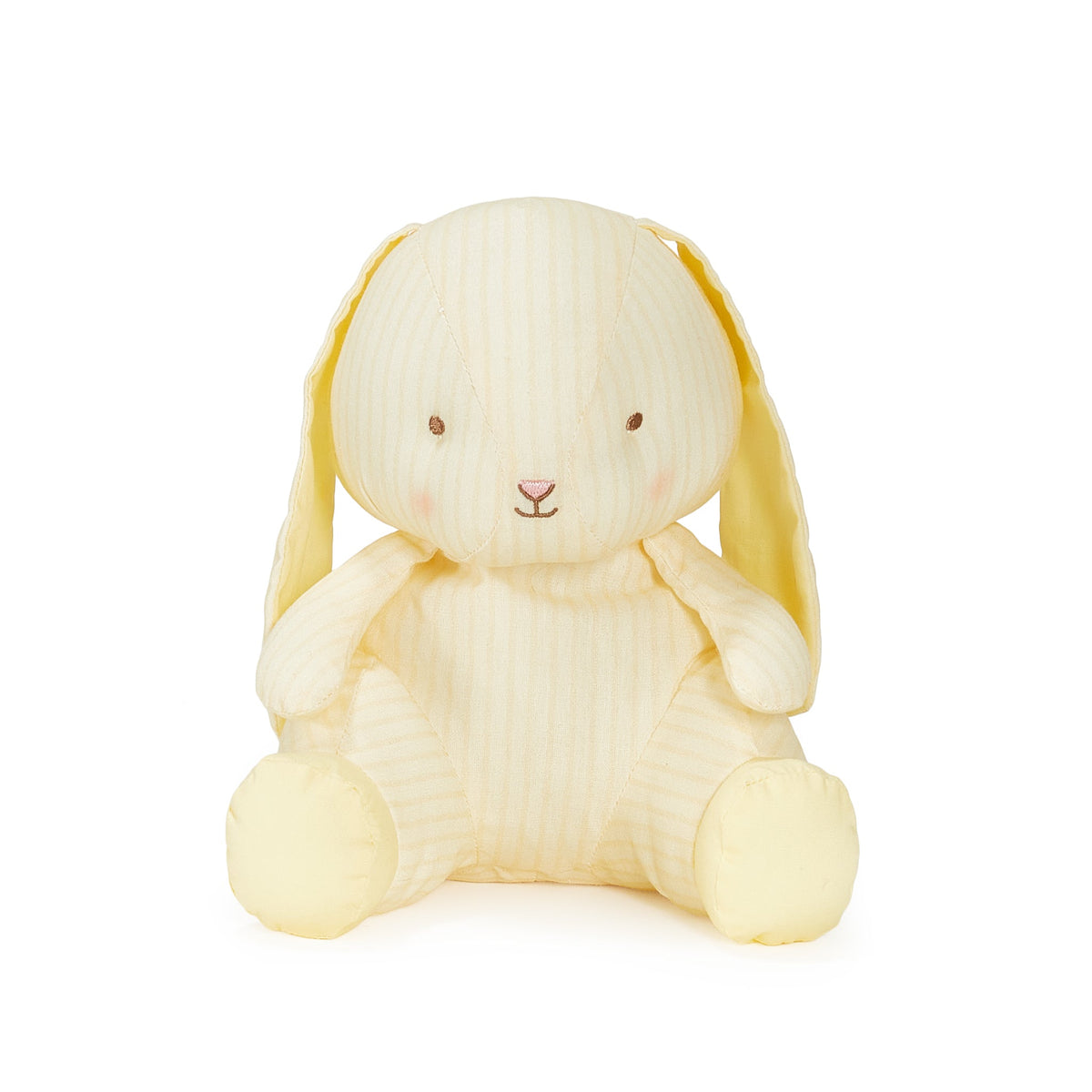 A pale yellow bunny plush toy with a vertically striped corduroy-like fabric, featuring floppy ears, small embroidered eyes, and a pink stitched nose, shown on a plain white background.