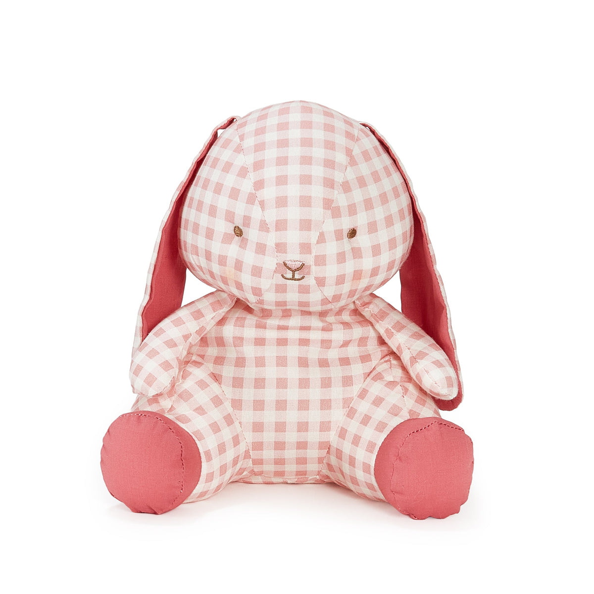 A plush stuffed bunny toy in a pink and white gingham check pattern, featuring long floppy ears, a white fluffy tail, and pink feet, shown against a plain white background.