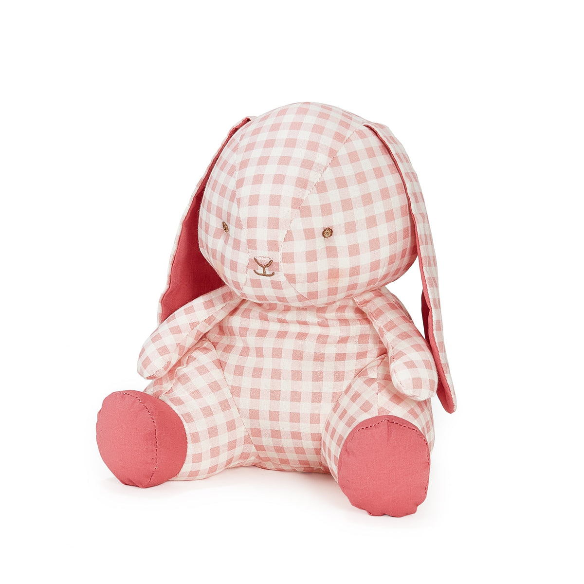 A plush stuffed bunny toy in a pink and white gingham check pattern, featuring long floppy ears, a white fluffy tail, and pink feet, shown against a plain white background.