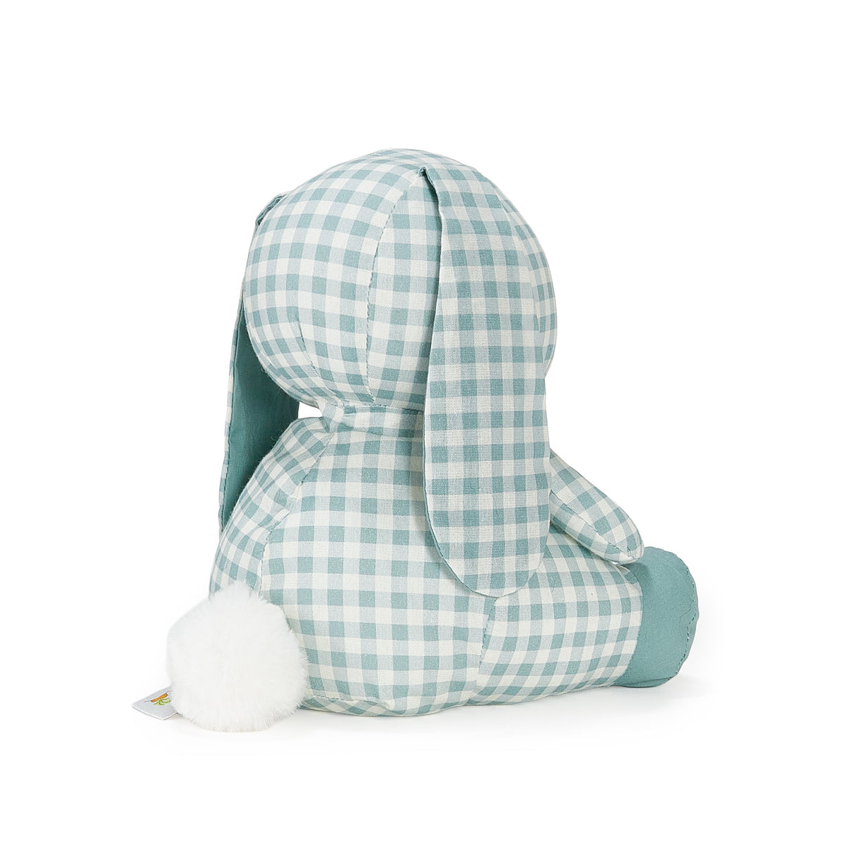 A plush stuffed bunny toy shown from the back, featuring a light blue and white gingham pattern, solid light blue inner ears and feet, and a fluffy white pom-pom tail on a white background.