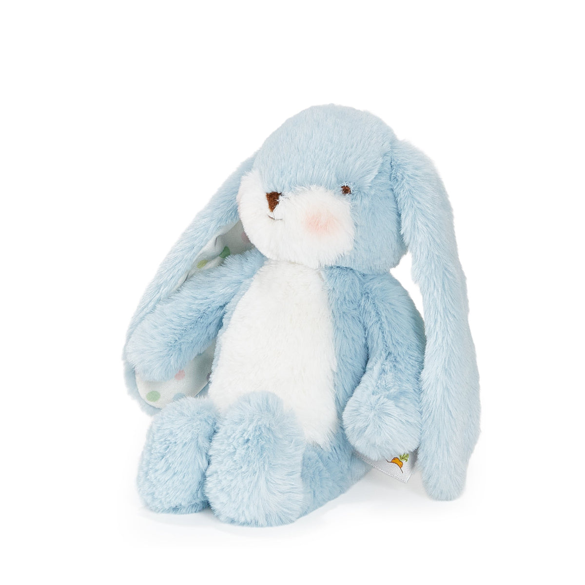 A light blue and white plush bunny toy sitting on a clean white background.