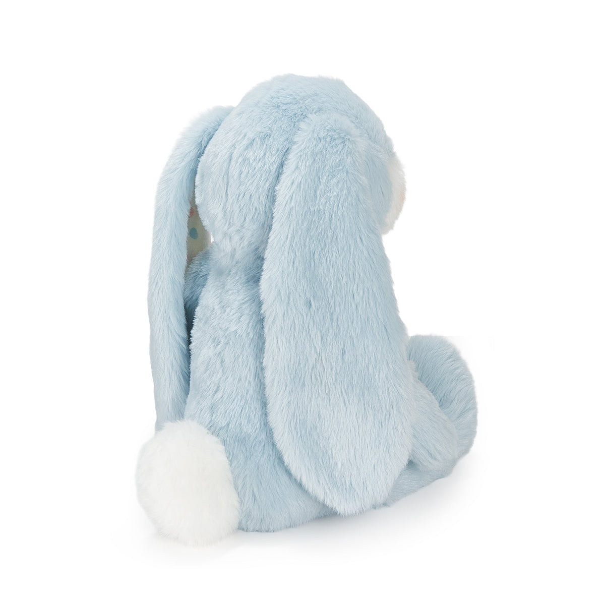 A light blue plush bunny toy shown from the back, featuring long floppy ears, a fluffy white tail, and a soft textured fur body, set against a plain white background.
