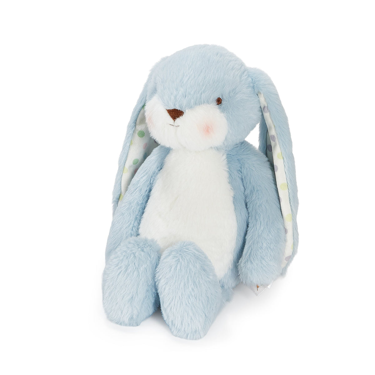 A light blue and white plush bunny toy with long floppy ears, a brown embroidered nose, and a soft pink stitched smile, photographed on a clean white background.
