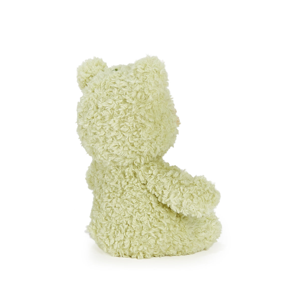 A light green frog plush toy with curly, bouclé-like fur, shown from the back on a clean white background.