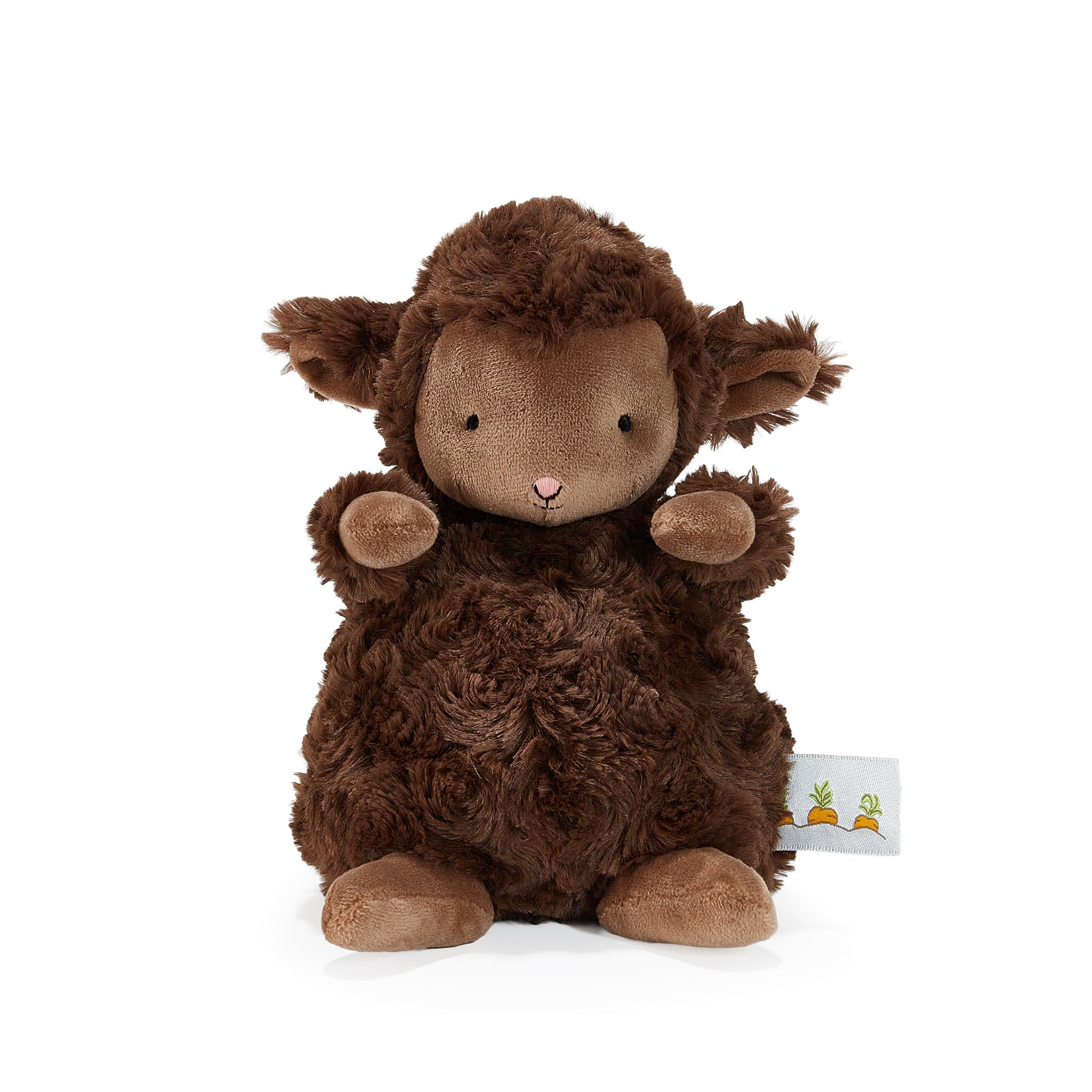 Brown plush toy lamb with a visible brand tag on a white background