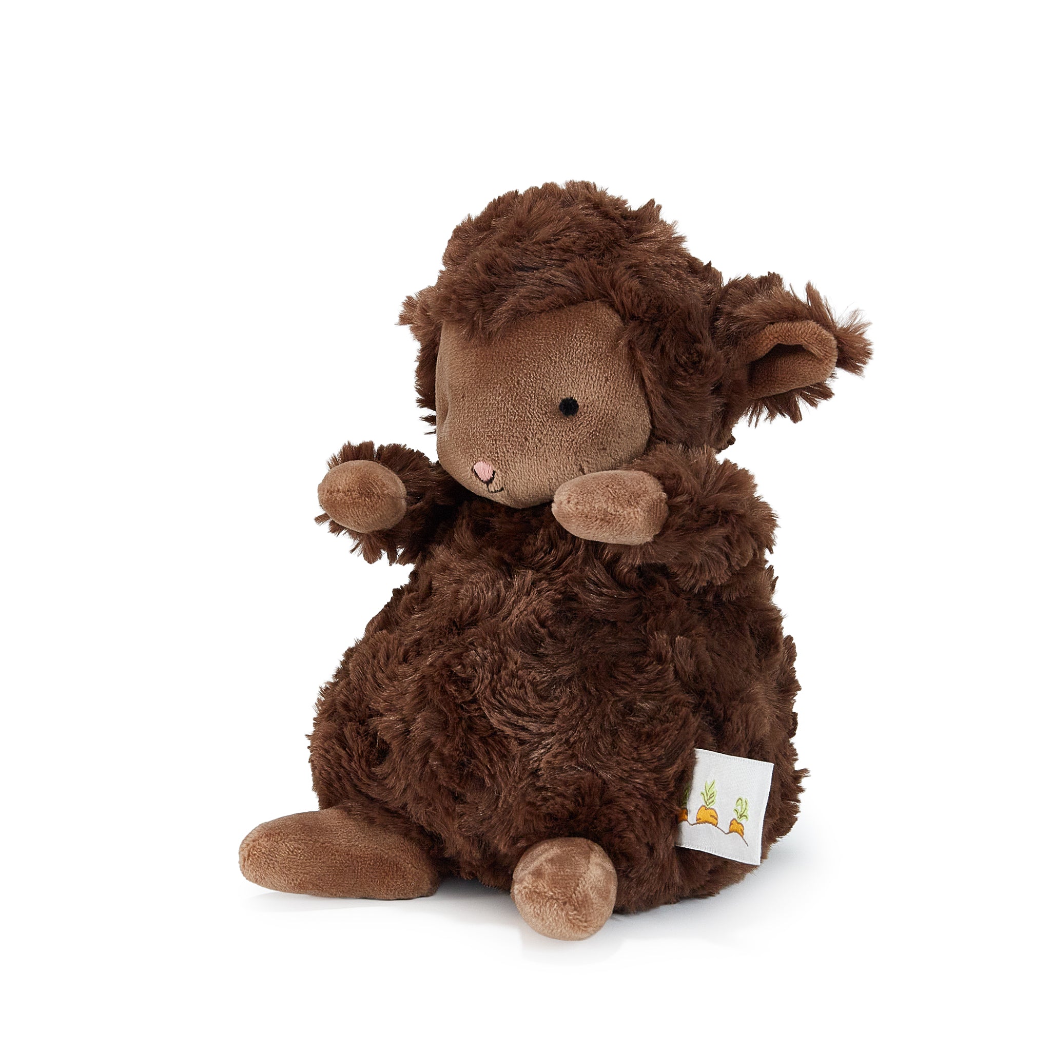 Brown plush lamb toy with a white tag on a white background