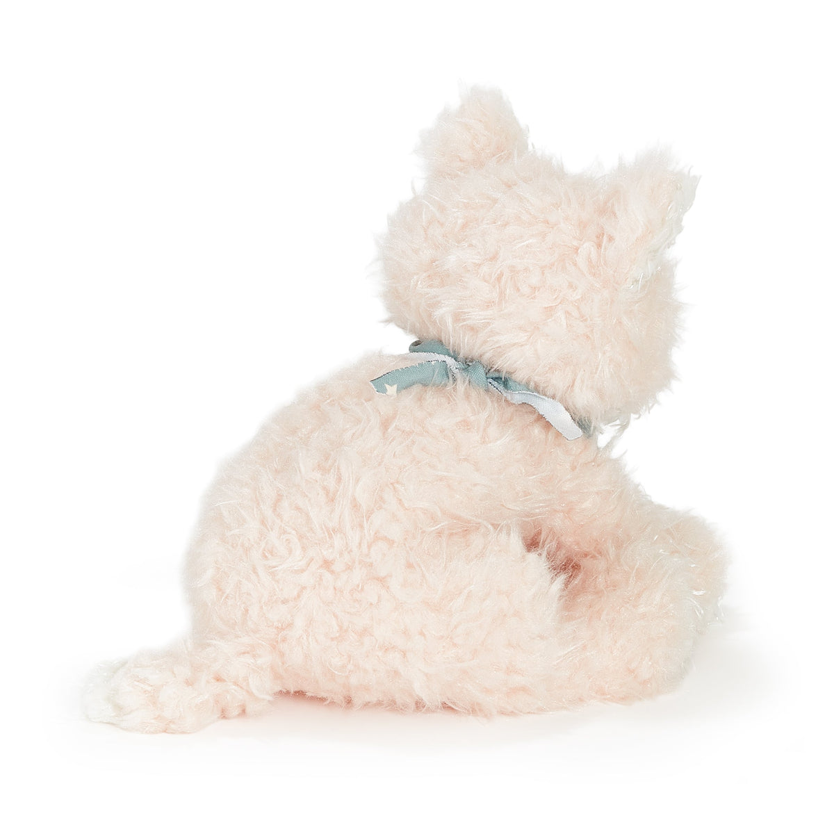 A fluffy pale pink stuffed animal dog or cat toy shown from the back, wearing a small light blue ribbon bow around its neck, on a clean white background.