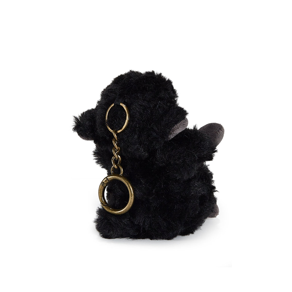 A black plush sheep keychain with a gold-tone split ring and chain, shown from the back on a solid white background.