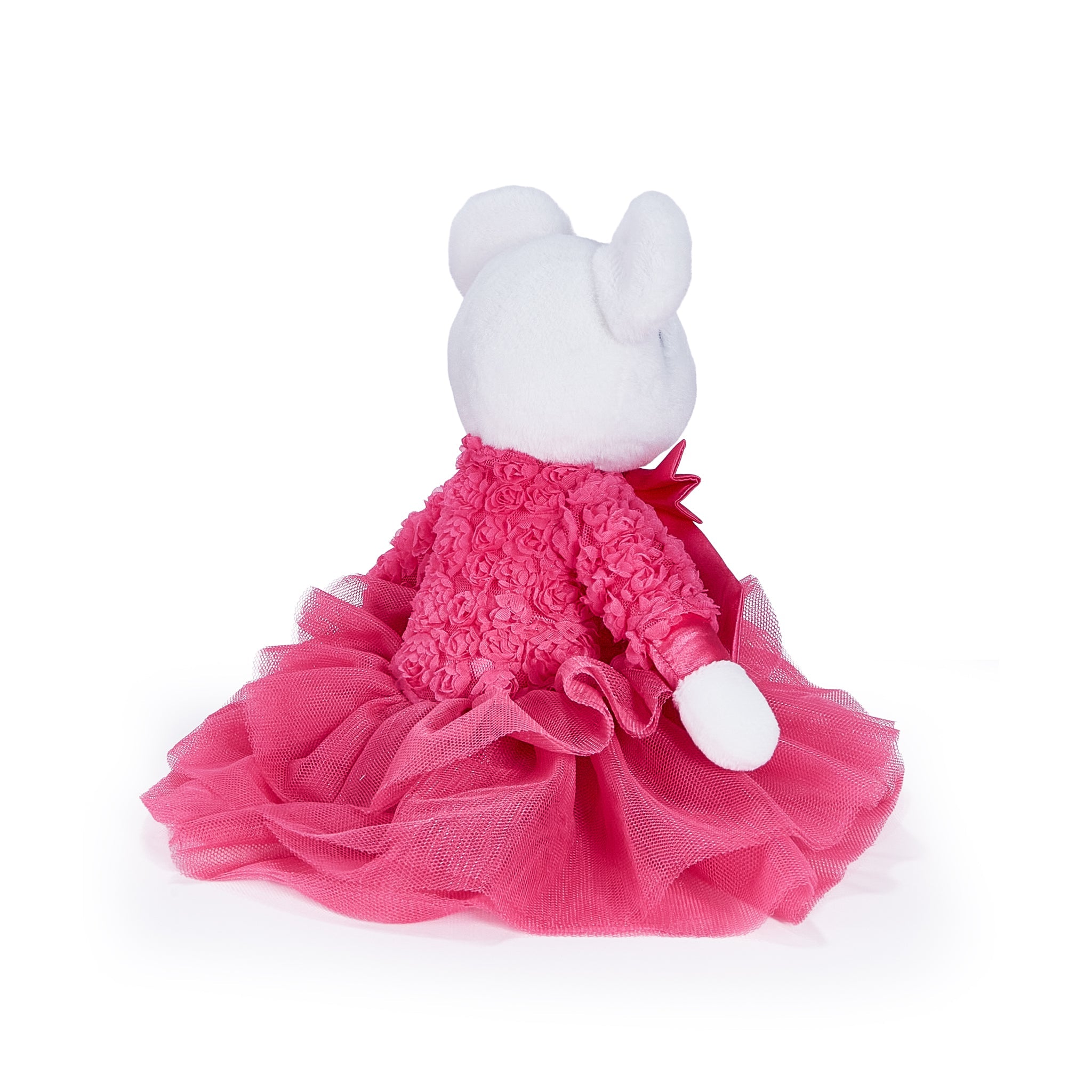 A white plush mouse toy shown from the back, wearing a bright pink textured top and a layered pink tutu skirt, on a plain white background.