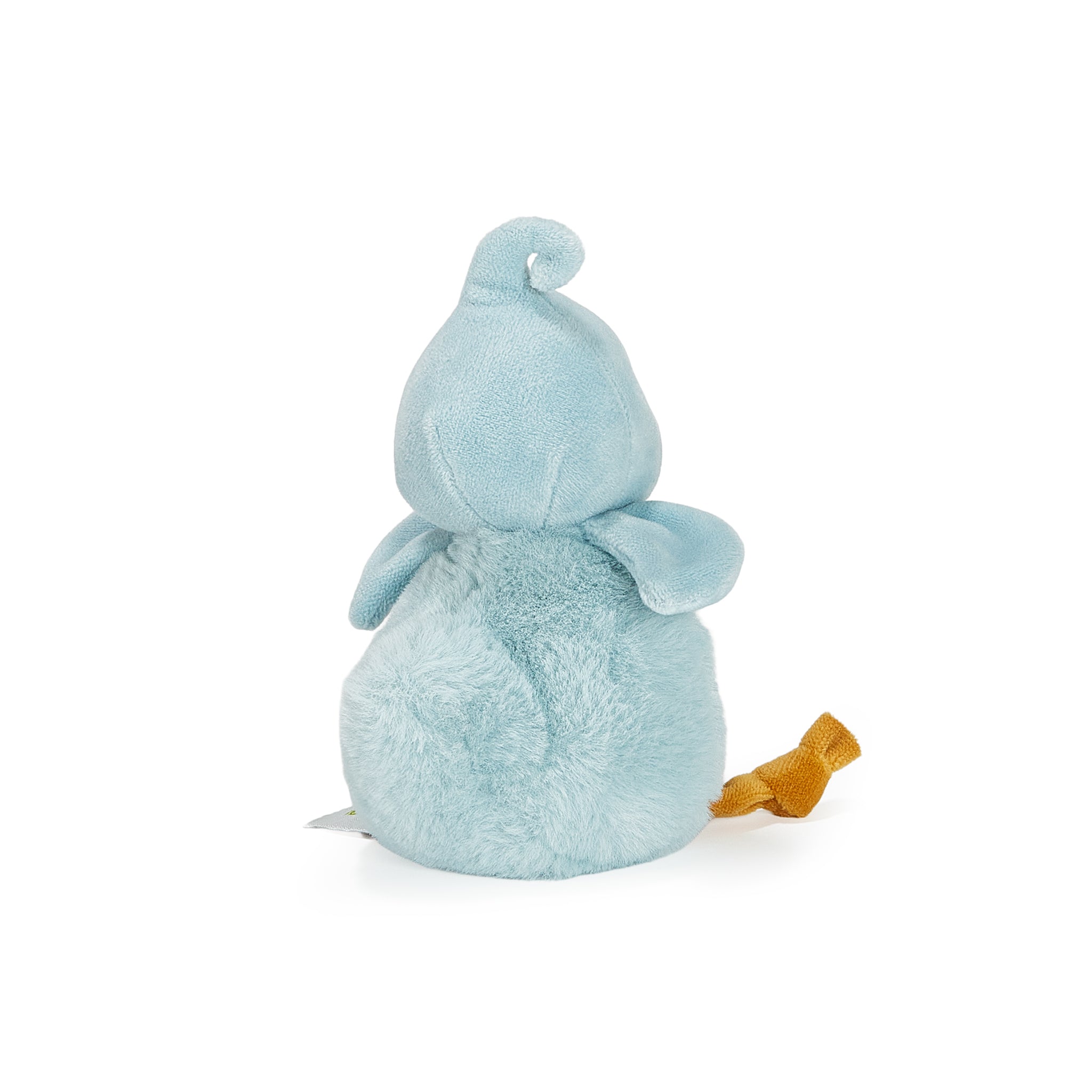Light blue plush toy with a yellow beak on a white background