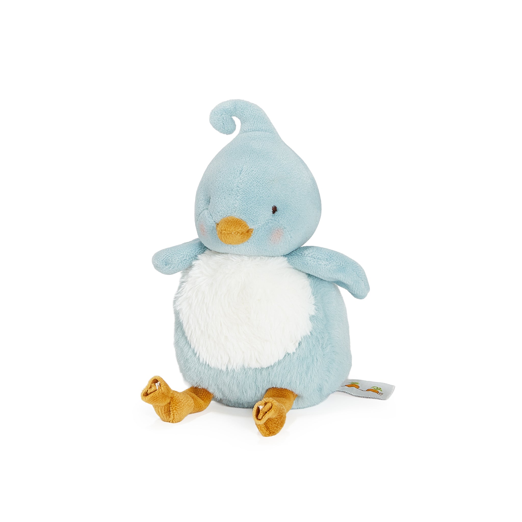 Blue plush toy resembling a bird on a white background