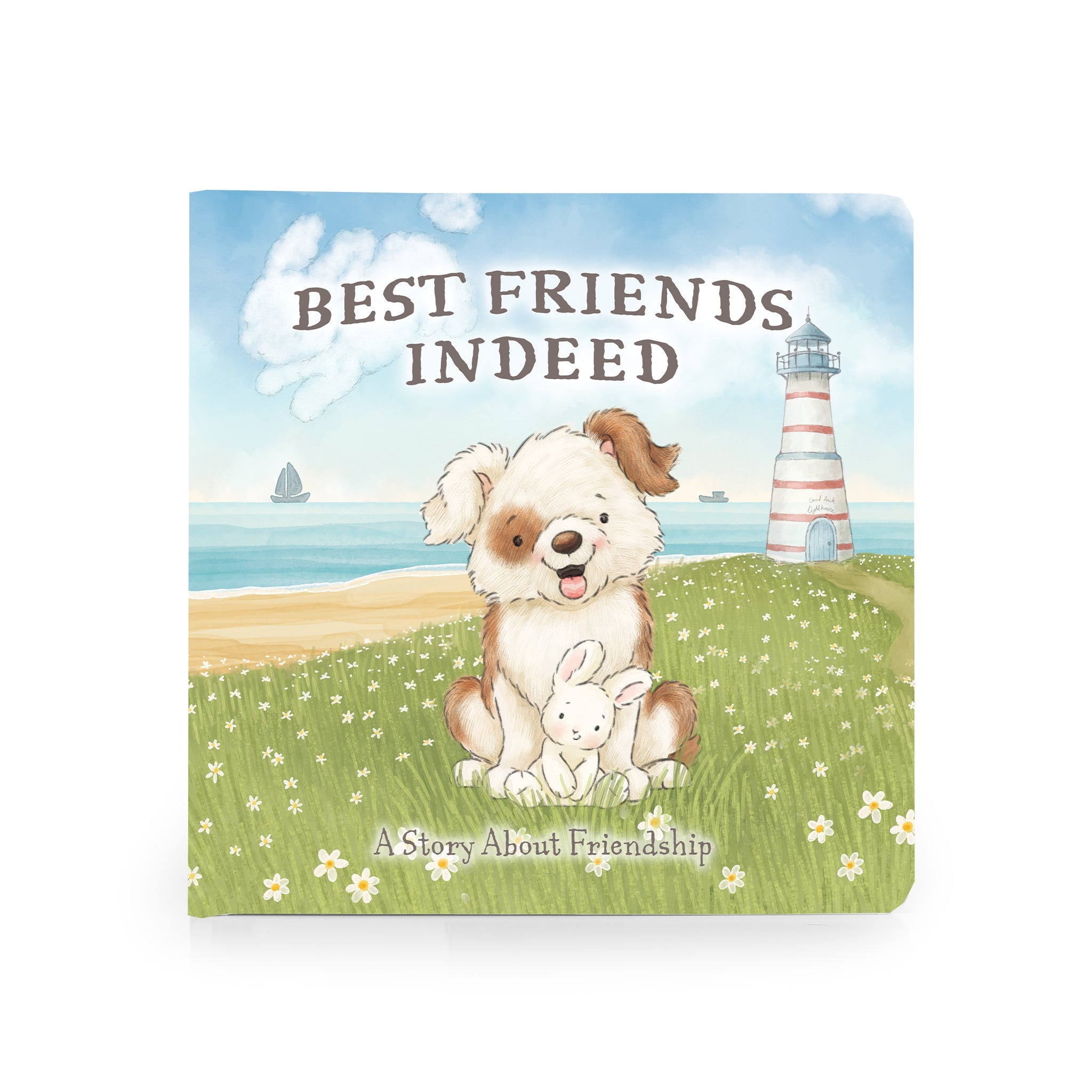 Children's book titled 'Best Friends Indeed' with a dog and bunny illustration on a lighthouse background.