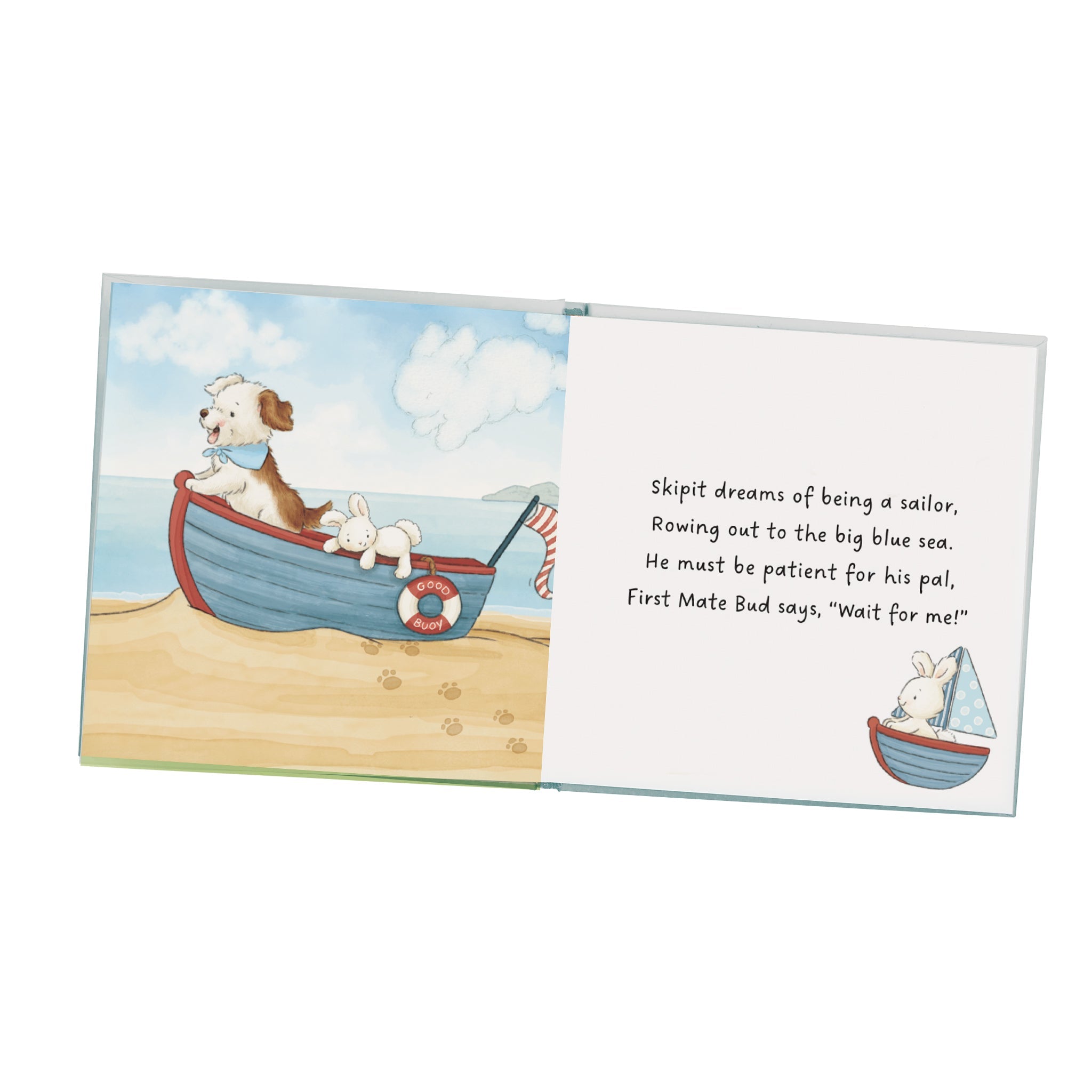 Illustrated child's board book with a dog in a boat and text on a white background