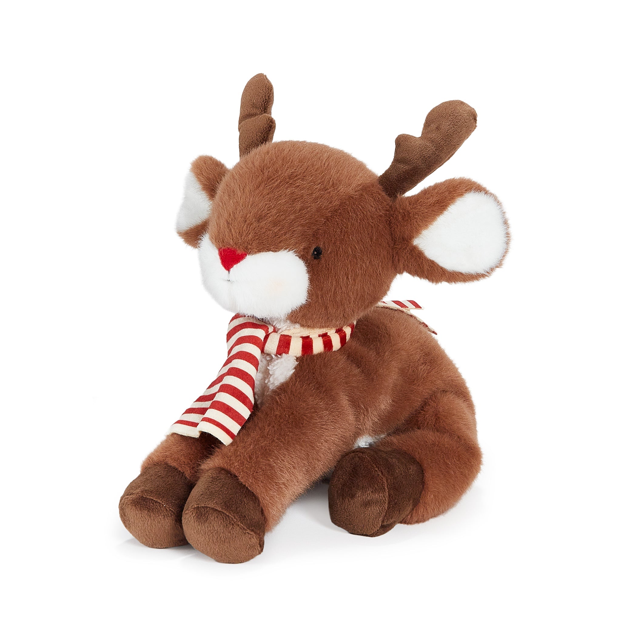 Plush reindeer toy with a red and white striped scarf on a white background