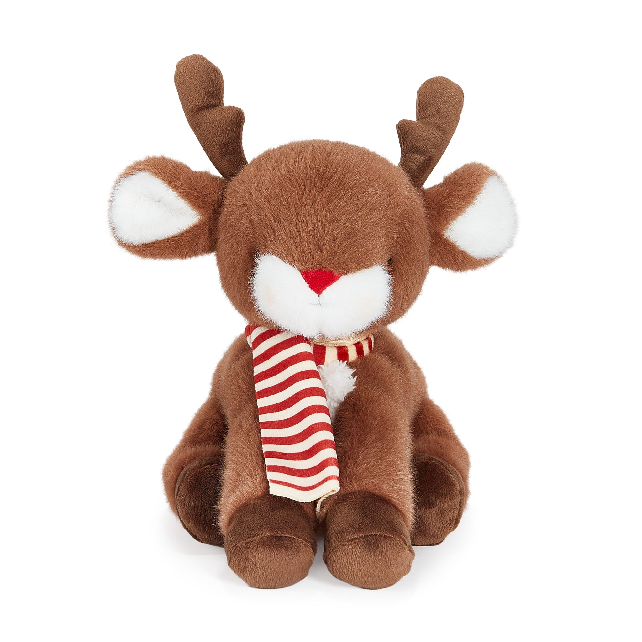 Plush reindeer toy with a red and white striped scarf on a white background