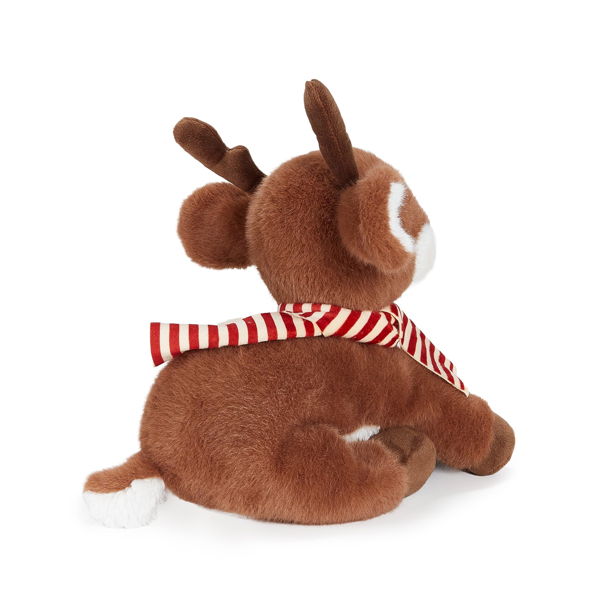 Plush reindeer toy with a red and white striped scarf on a white background