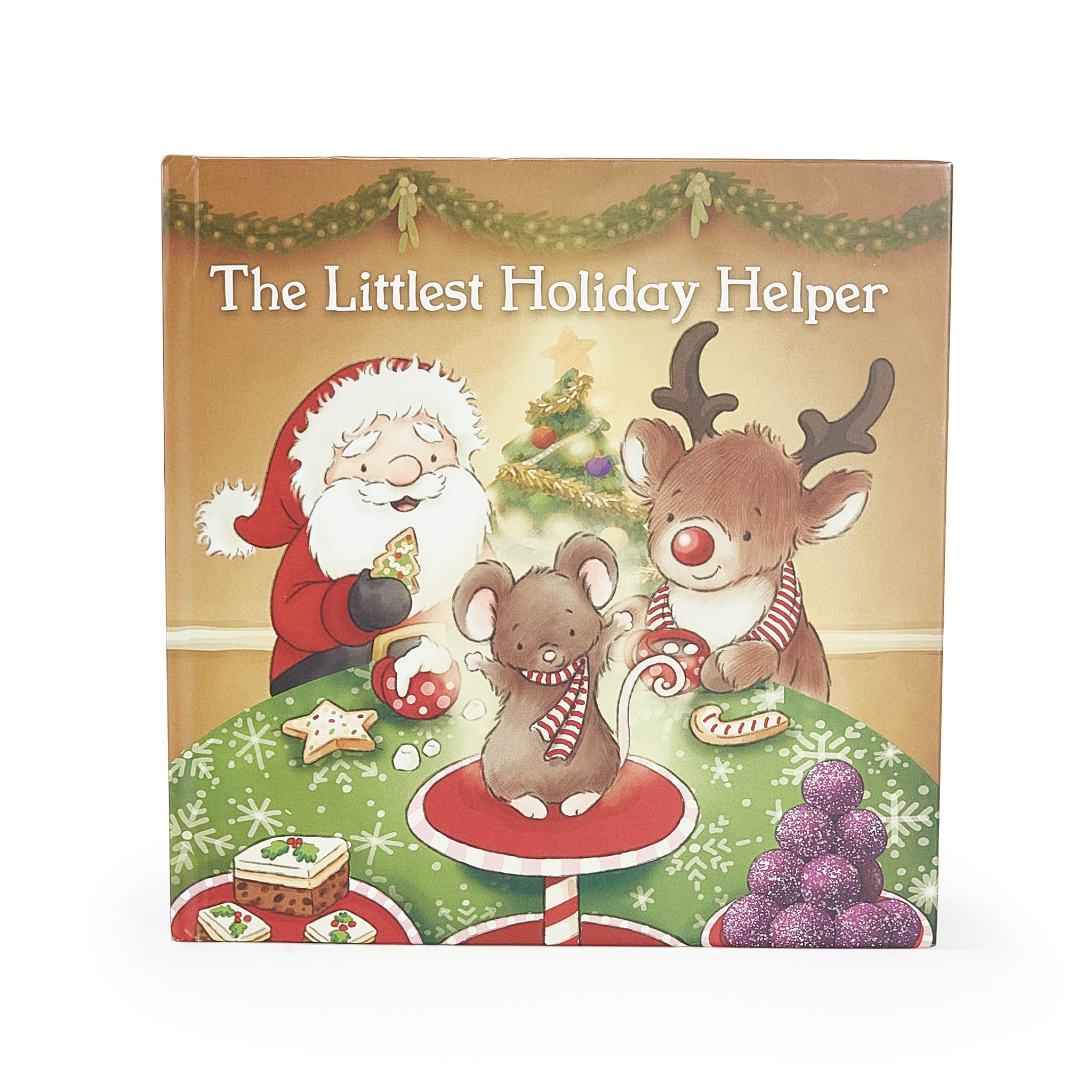 Book cover of 'The Littlest Holiday Helper' with Santa, reindeer, and mouse on a festive background.