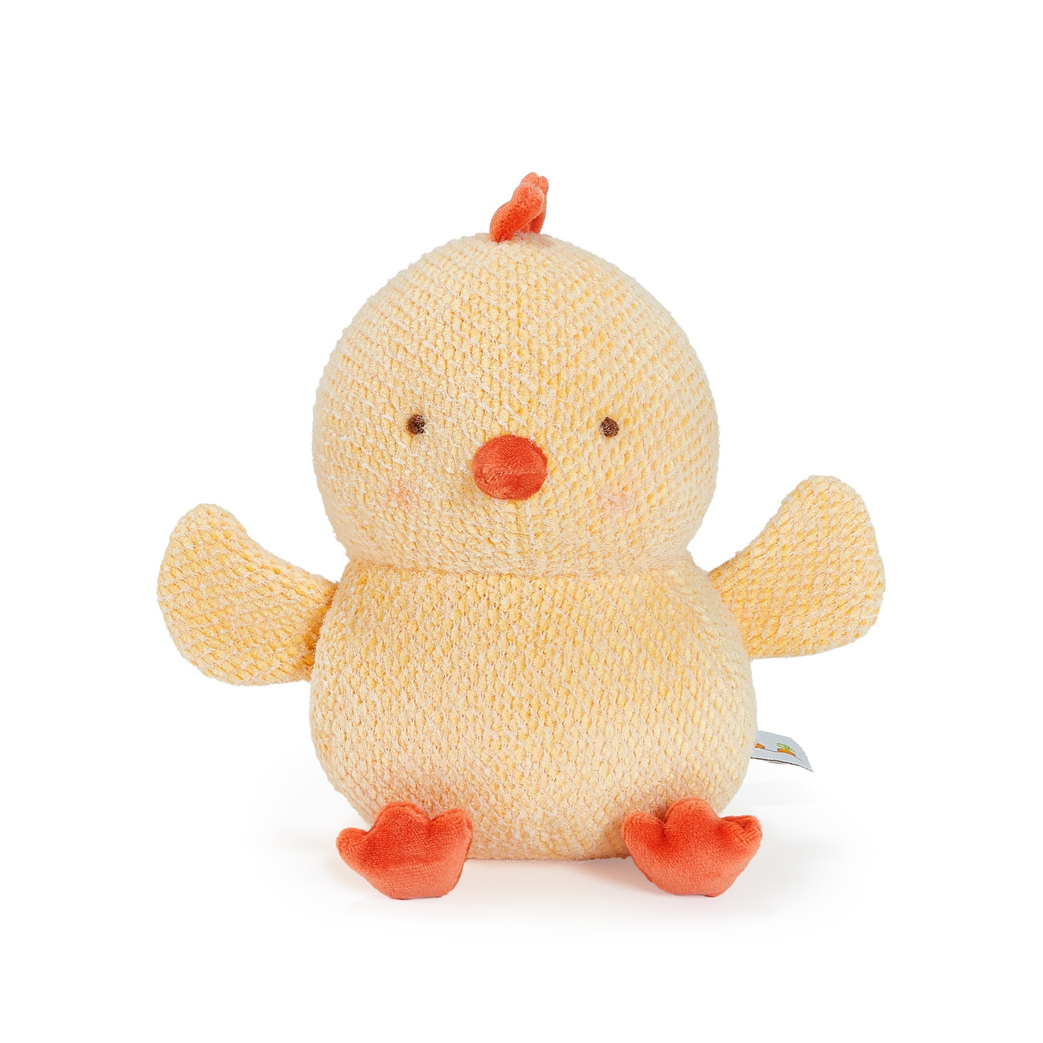 Front view Yellow Plush toy chick with a orange beak and feet on a white background