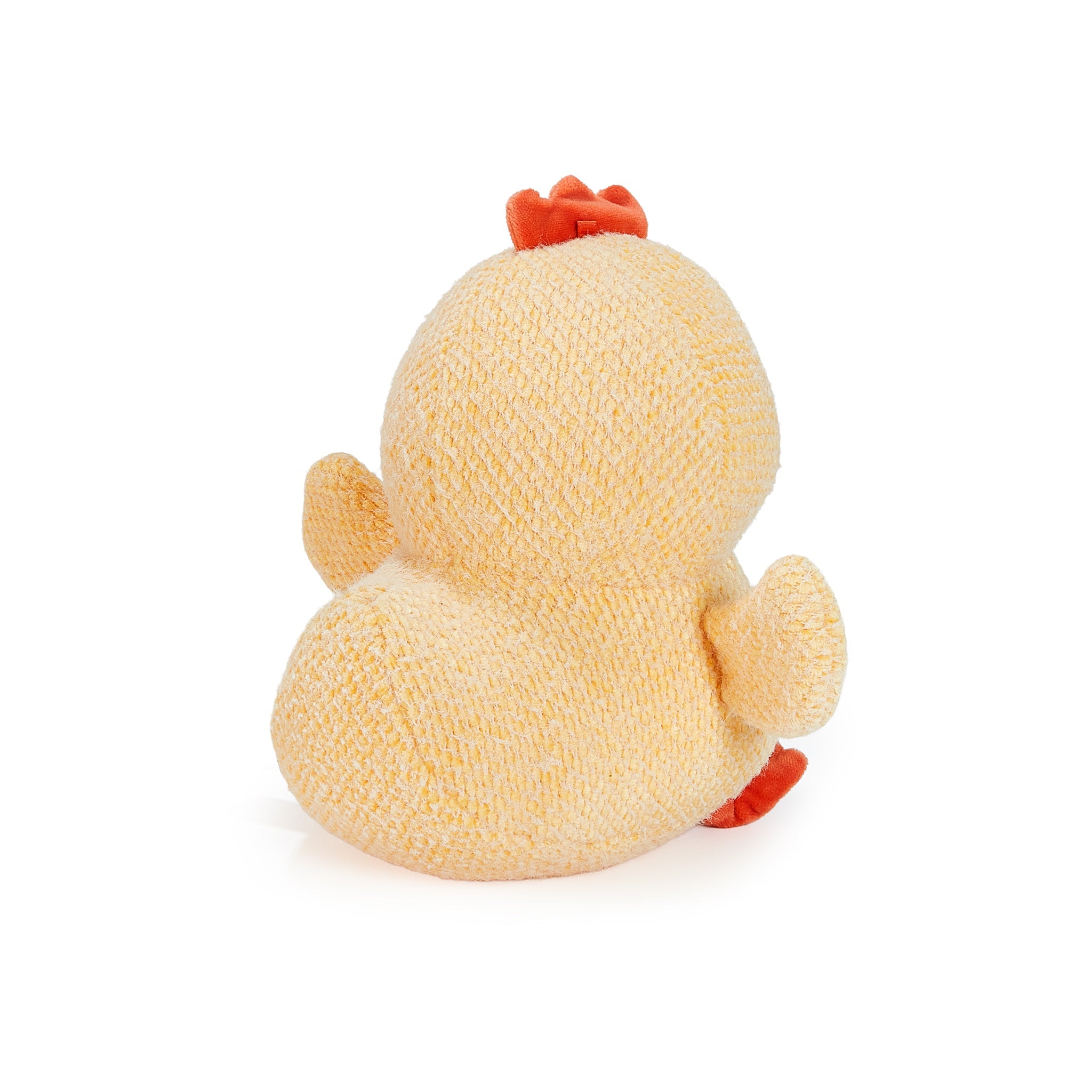 Back View yellow Plush toy chicken on a white background