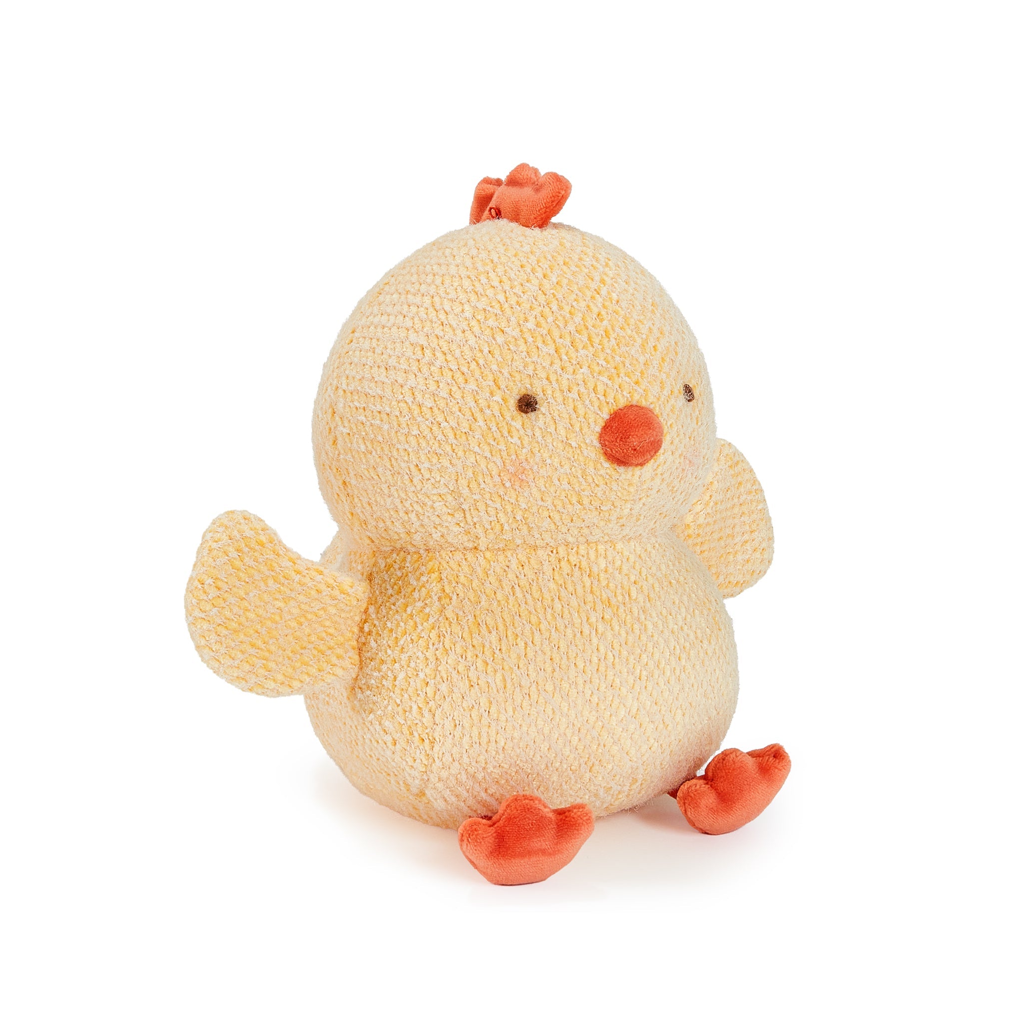 side View yellow Plush toy chick with a white background