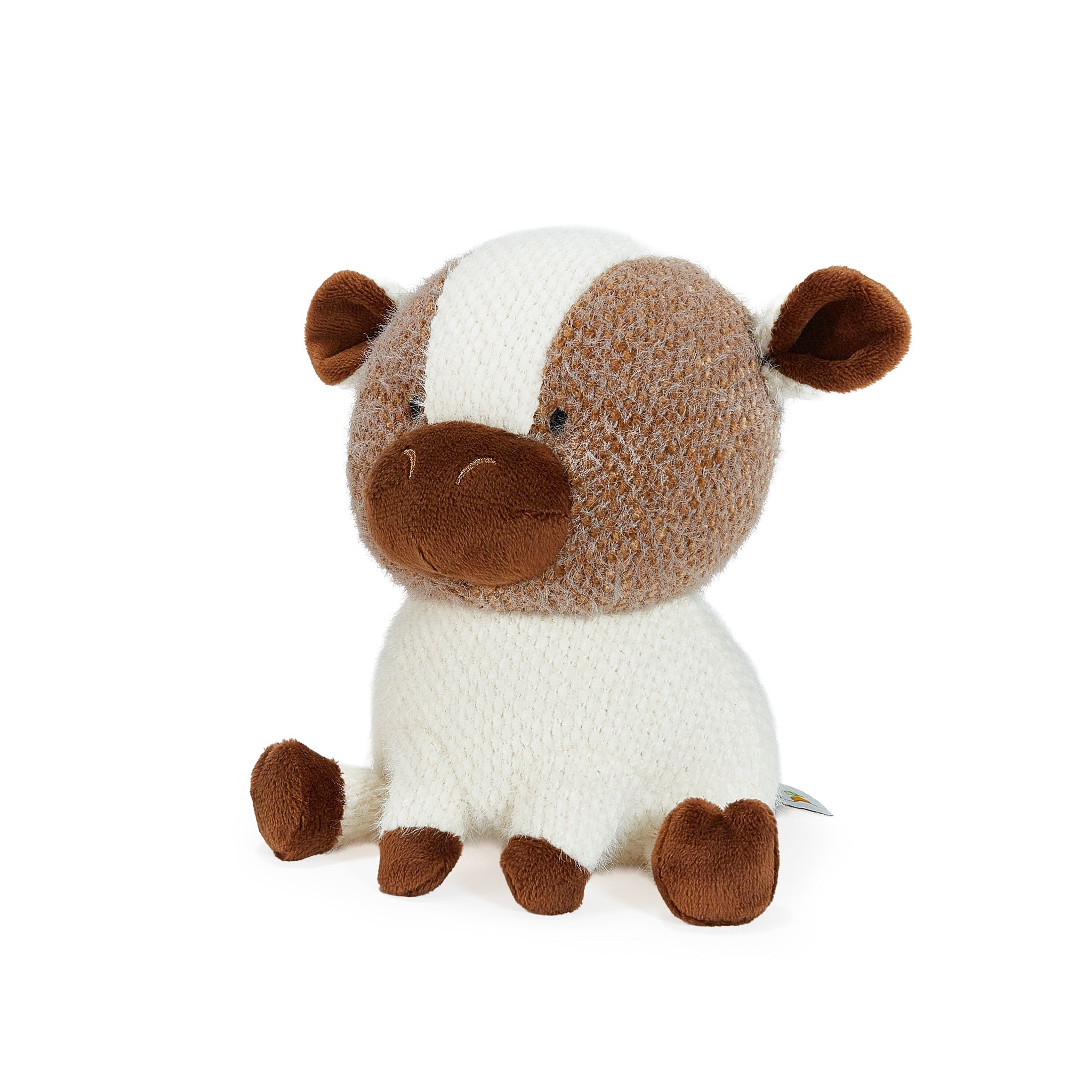 Stuffed animal toy with brown and white pattern on a white background