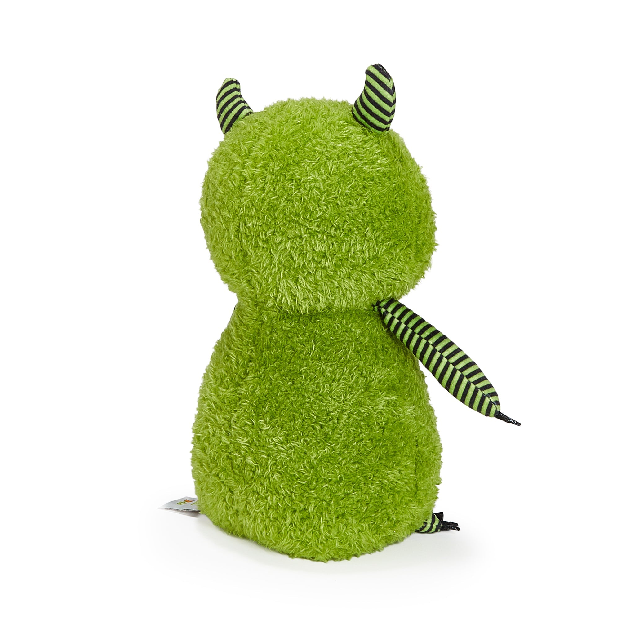 Green plush monster toy with black and white striped horns on a white background