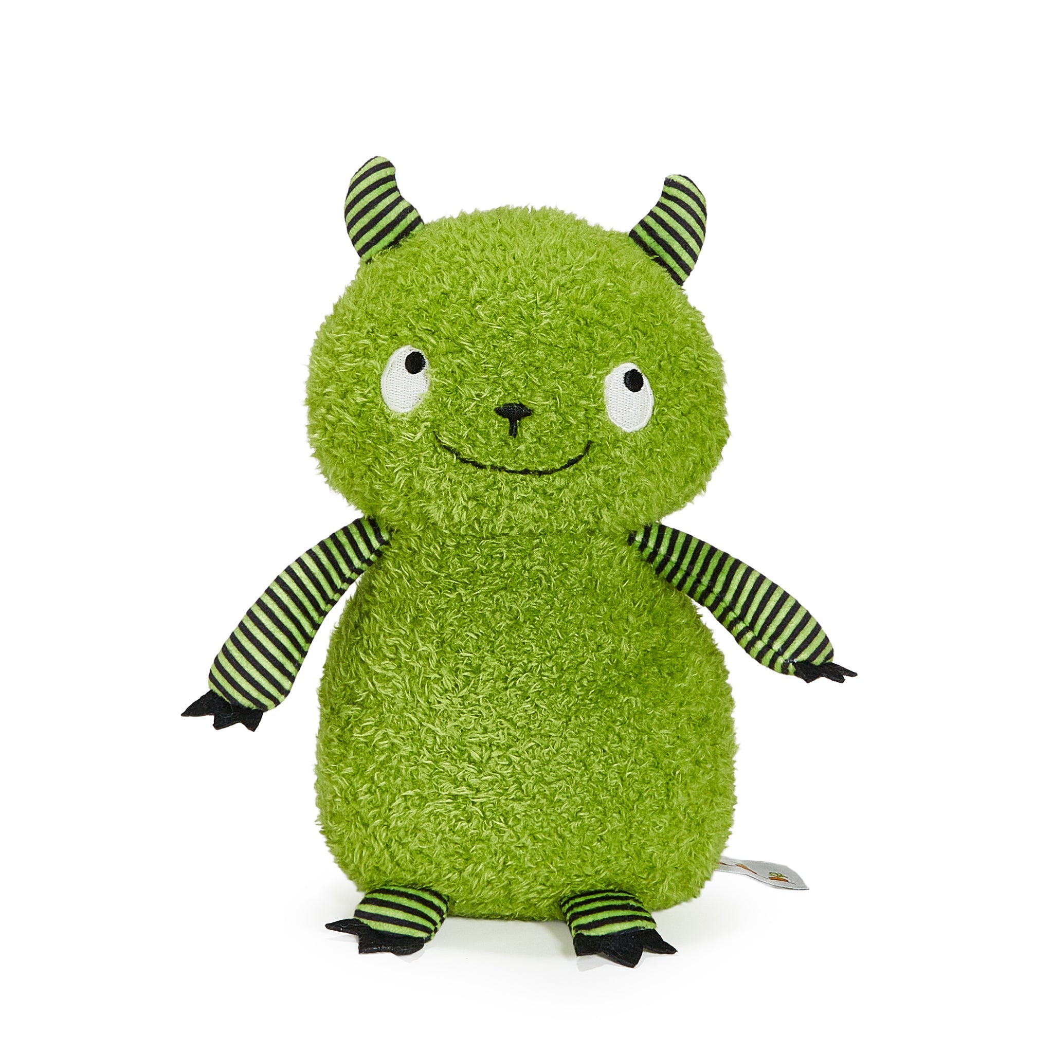 Green plush monster toy with black and white striped accents on a white background